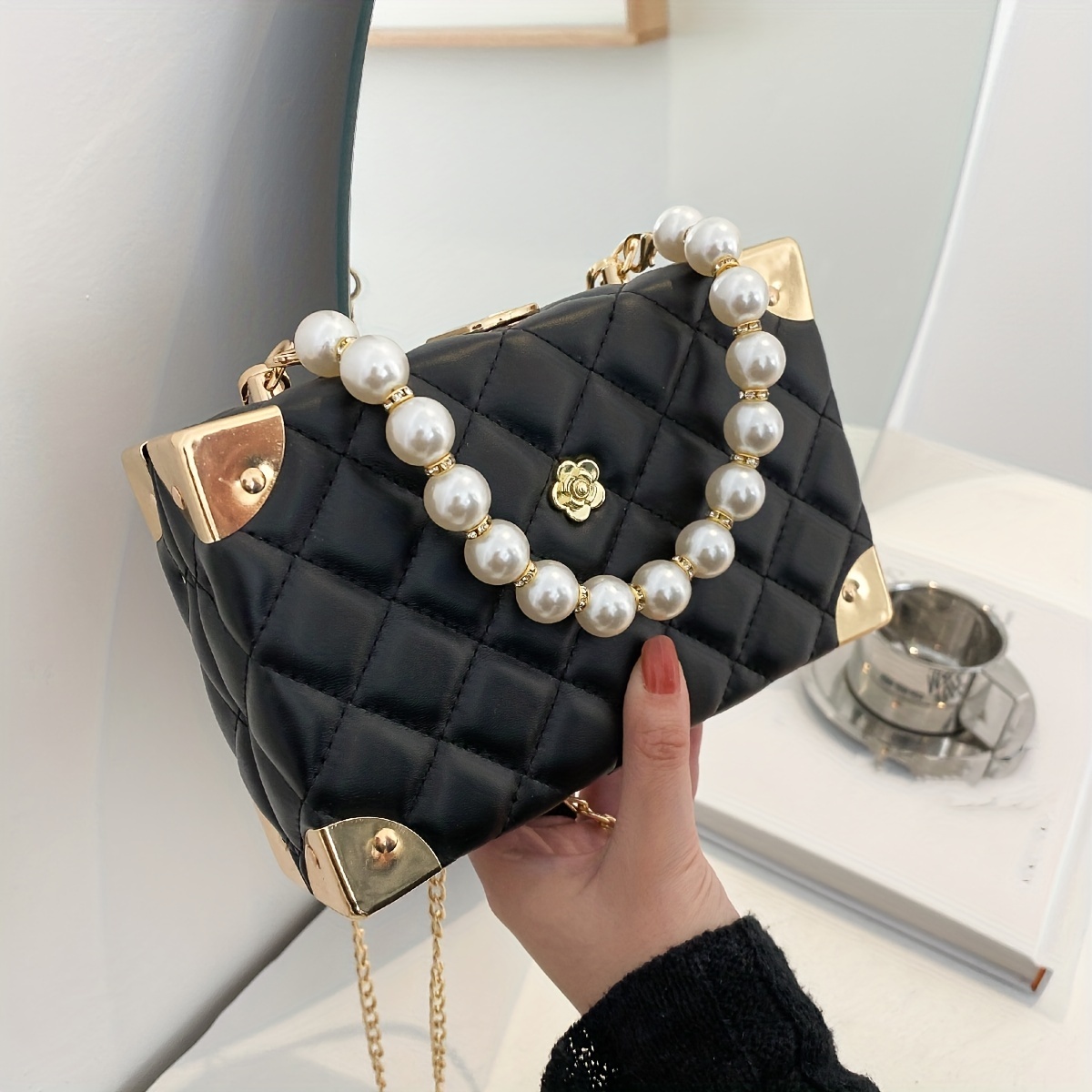 Two Tone Faux Pearl Decor Chain Crossbody Bag