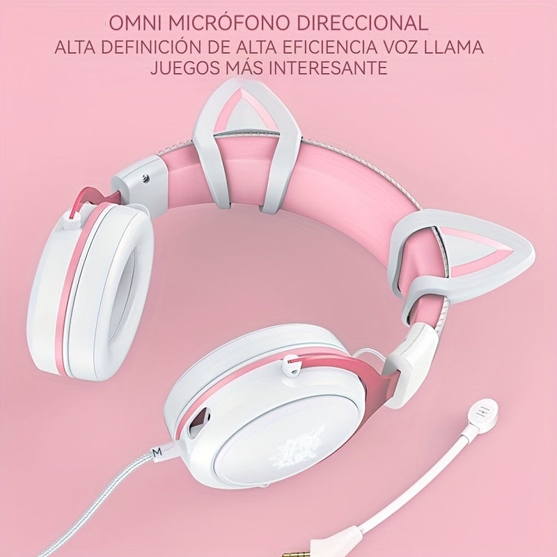 Auriculares Gamer Onikuma K9 Pink Orejas Gato Color Rosa Pc Play con Luz Led