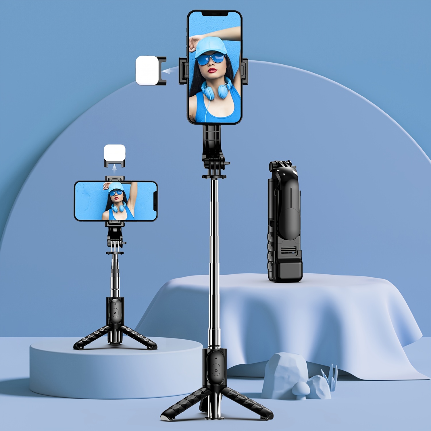 Palo selfie con control remoto y luz, trípode extensible de 63 pulgadas  para iPhone/cámara/viajes, rotación de 360°, trípode de viaje para iPhone