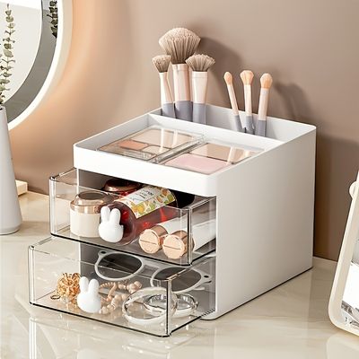1pc Desktop Simple Large-capacity Storage Box, Transparent Drawer Makeup Brush Jewelry Storage Box