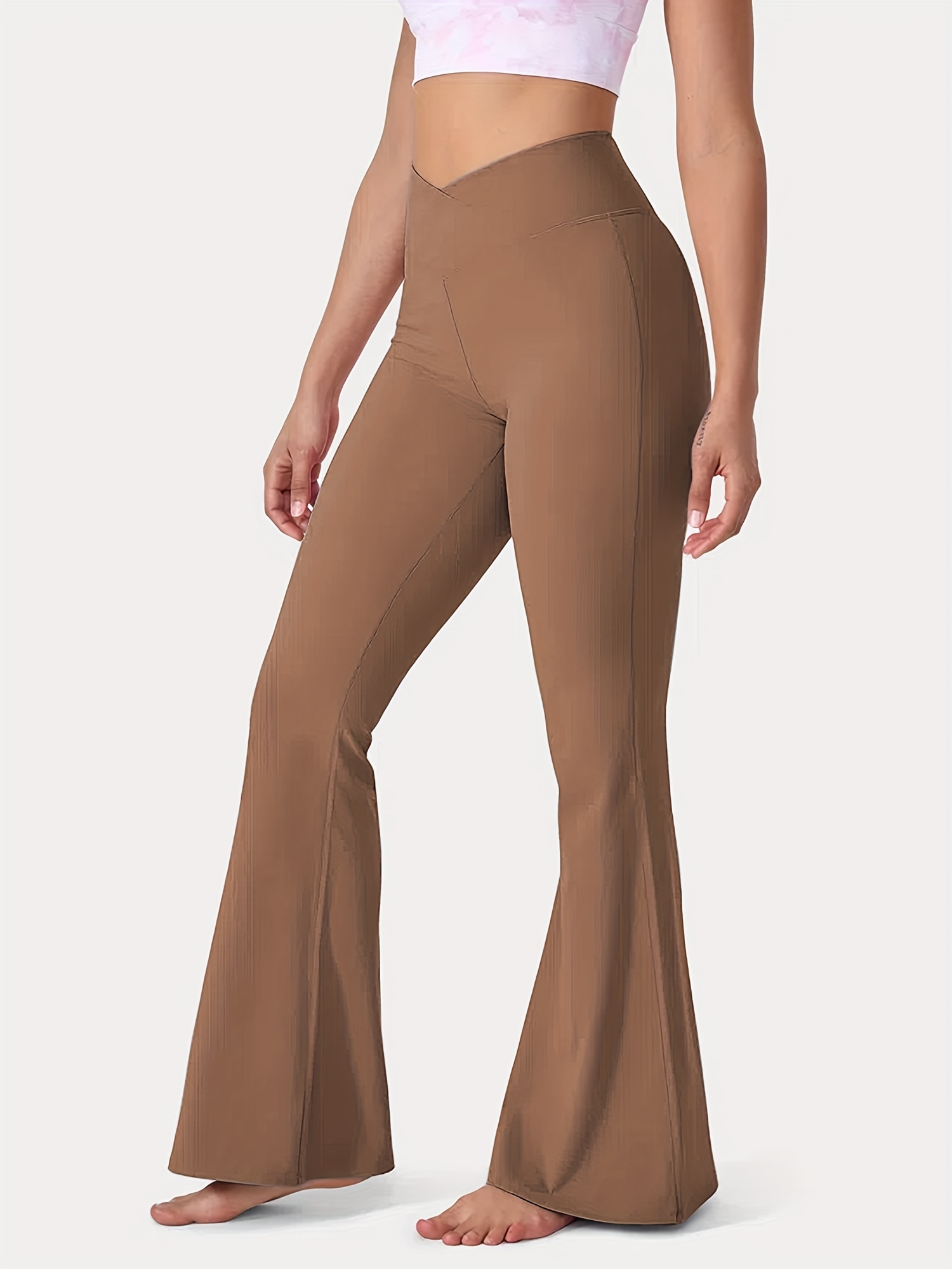 SALSPOR V Waist Flared Brown Flare Leggings For Women Solid Cross