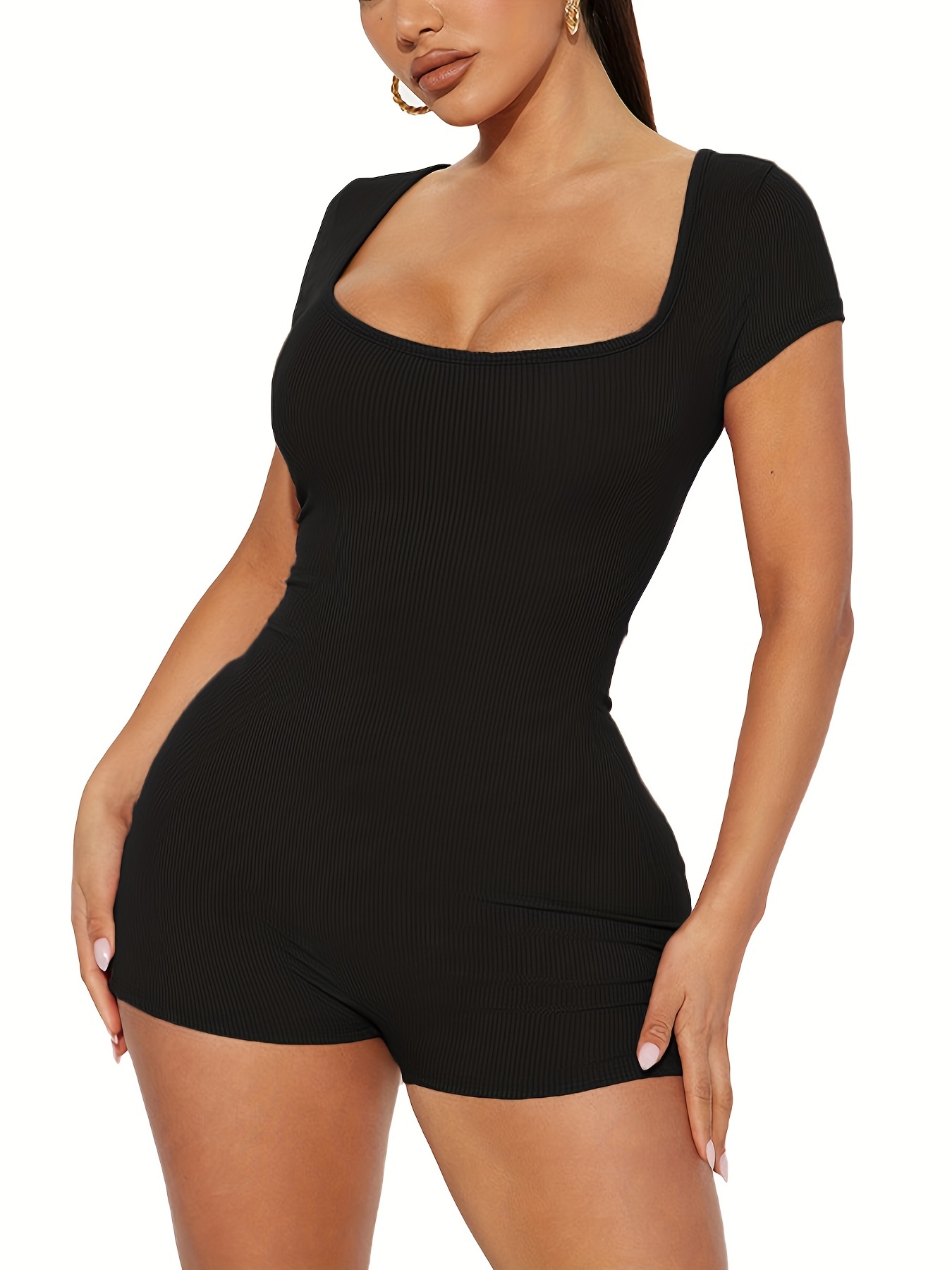 Short Sleeve Jumpsuit for Women Sexy Scoop Neck Stretchy Ribbed Rompers  Shorts One Piece Bodysuit Playsuit Clubwear