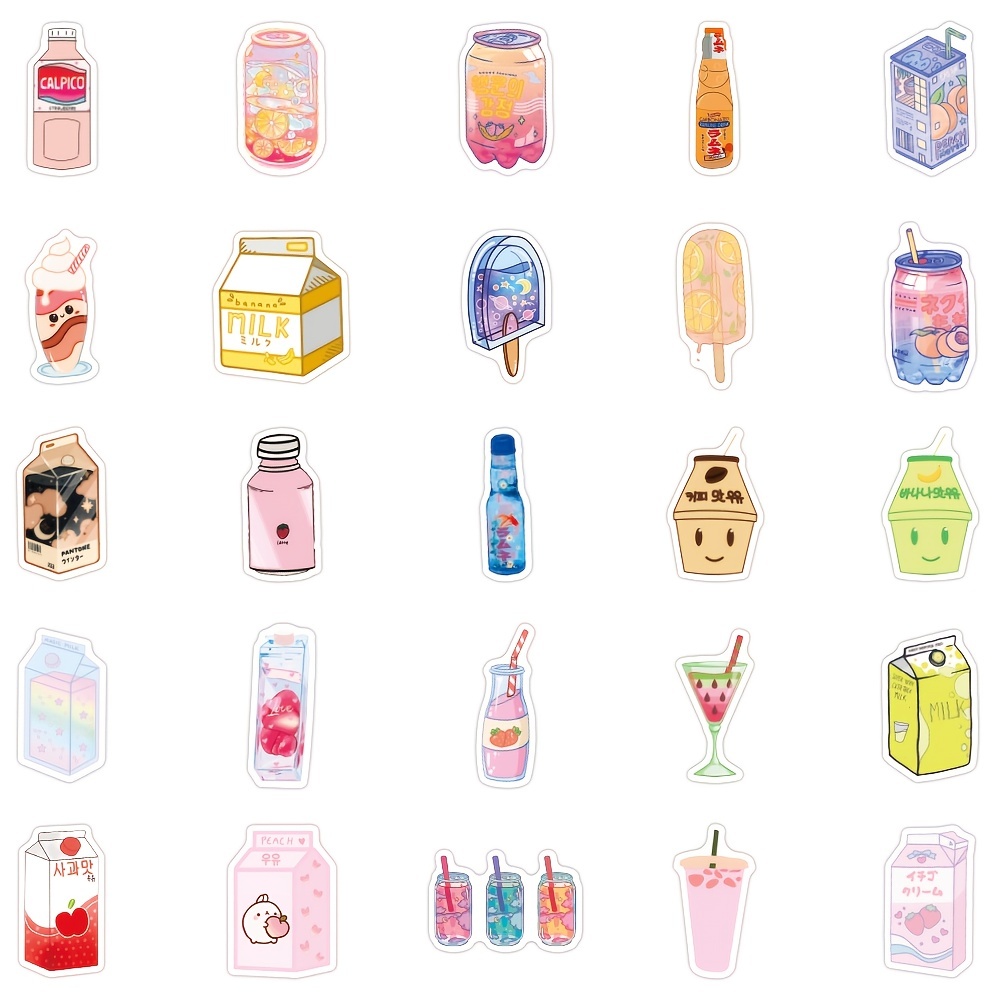 50Pcs Summer Flavored Drink Stickers PVC Kawaii Cartoon Beverage Decal  Stick.EN