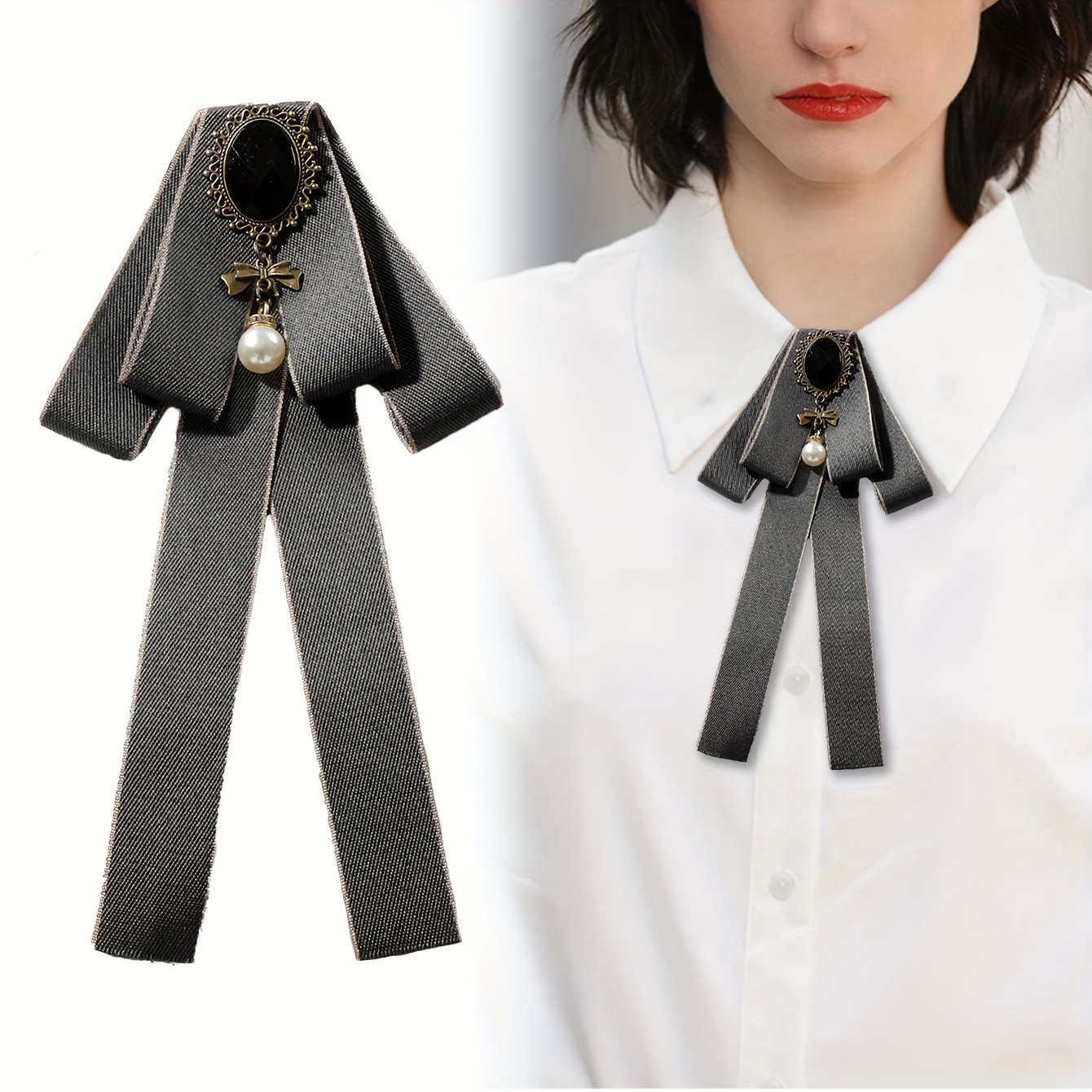 Ladies Elegant Shirt Bowtie Imitation Black Gem Pearl - Temu Netherlands