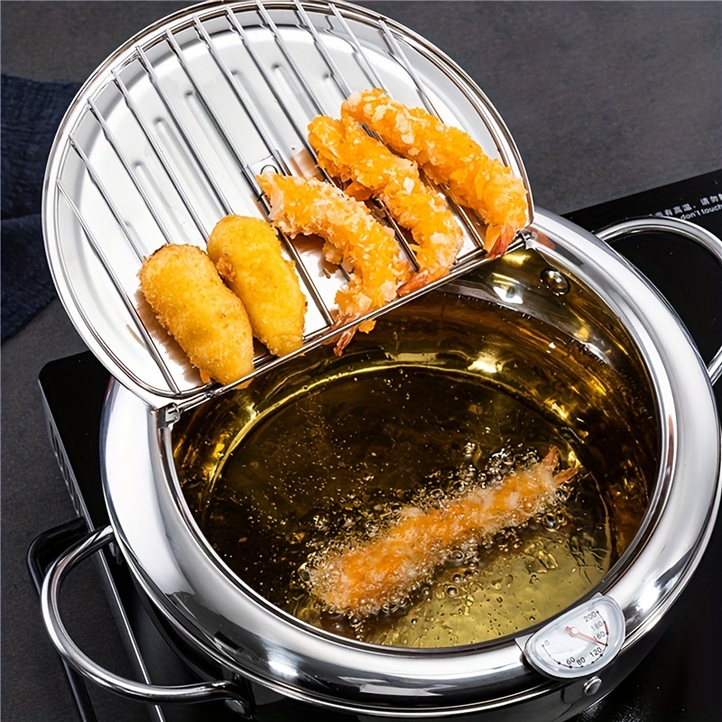 Stainless Steel Deep Fryer Pot with Lid and Basket Tempura Small Deep  Frying Pot Japanese Tempura Fryer with Oil Drip Drainer Rack and Glass Lid  for