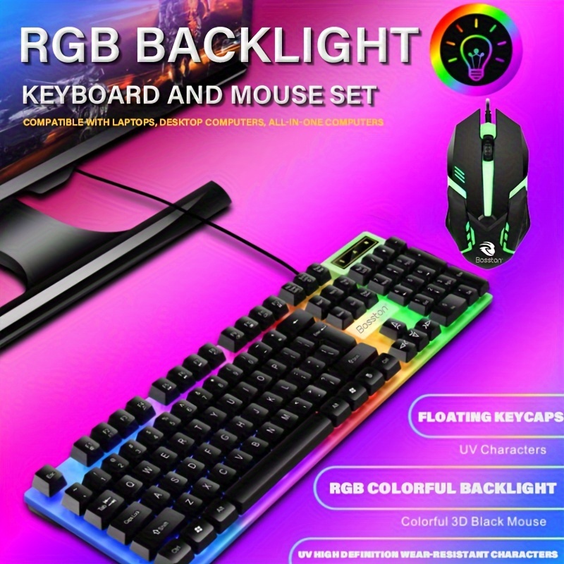 Gaming Keyboard and Mouse Combo Set Rainbow Glow Backlit USB Keyboard RGB  LED Keyboard 104 Keys For PC Gamer For Notebook Laptop Desktop PC Office