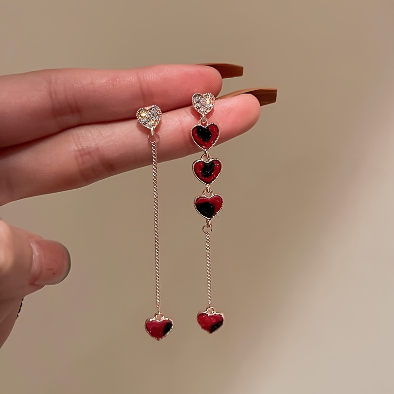 

Red Heart Design Shiny Rhinestone Inlaid Long Asymmetric Dangle Earrings Elegant Simple Style Valentine's Day Gift For Lovers