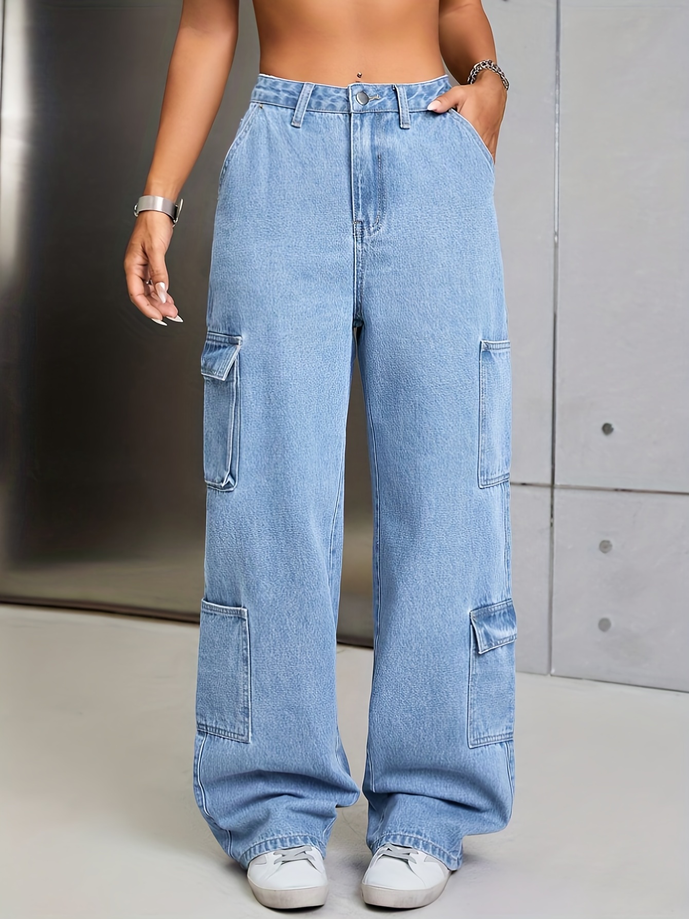 Casual High Waist Flap Pockets Cargo Pants, Loose Blue Fitting Straight  Legs Denim Pants, Y2K Kpop Vintage Style, Women's Denim Jeans & Clothing