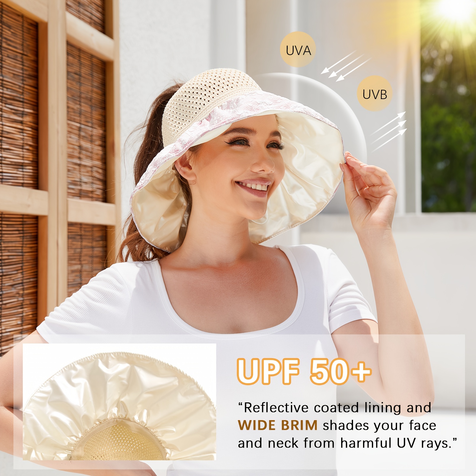 1pc Wide Brim UV Protection Lightweight Ponytail Sun Hat, Fishing Hat, Bowknot Decor Comfortable Breathable Straw Hat,Temu