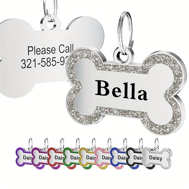 

Custom Dog Dog Tags, Personalised Cat Dog Puppy Pet Id Name Pendants, Collar Tag Pendant Pet Accessories Bone Glitter Pendant, Perfect Gift For Your Pet