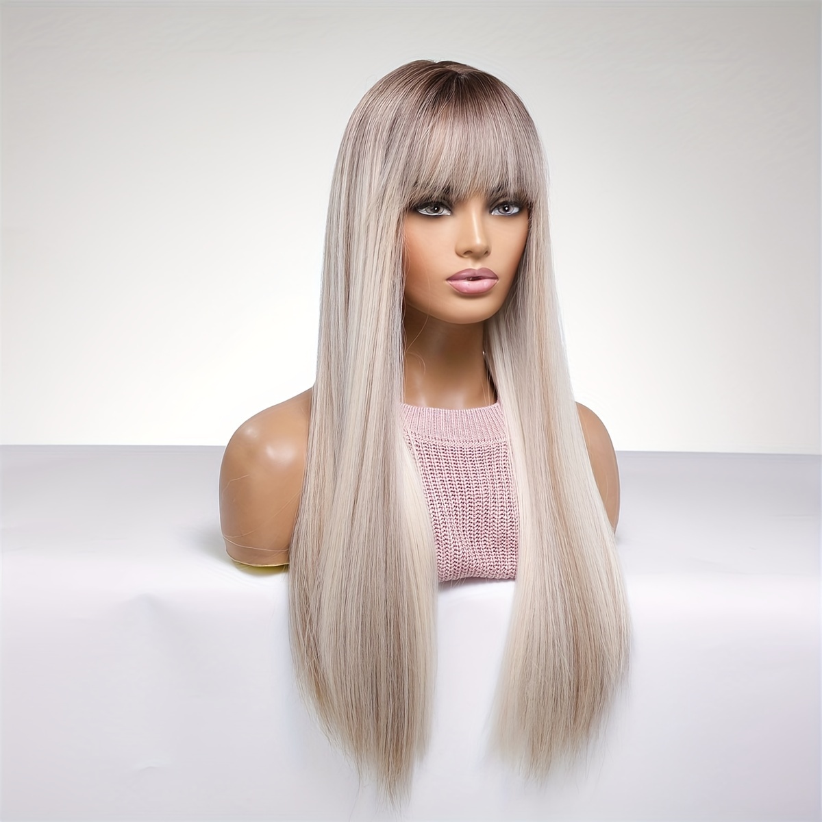 Matte Grey Long Straight Wig With Bangs for Women - 100 Density