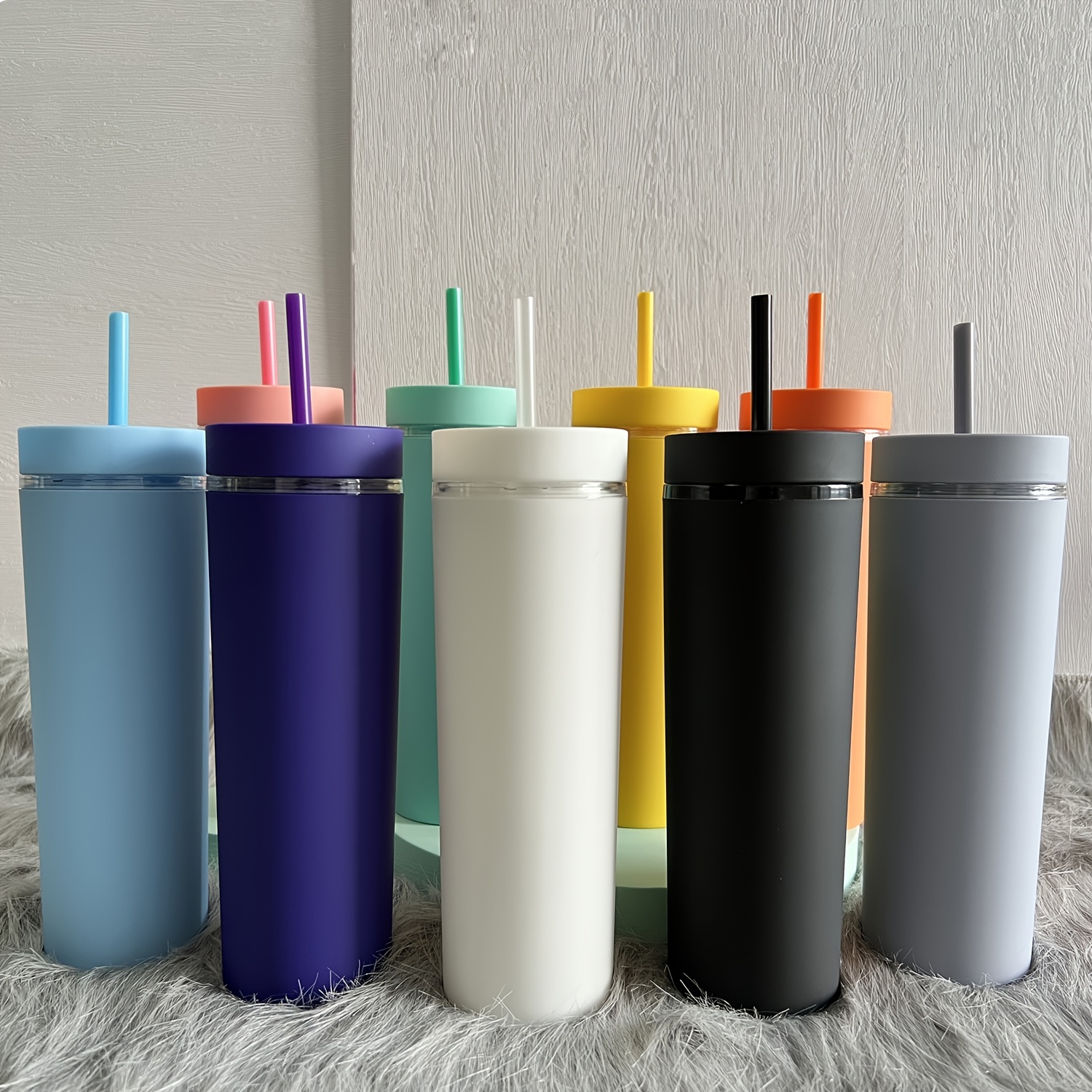 Large Capacity Skinny Water Bottle Double Plastic Straw Cup - Temu