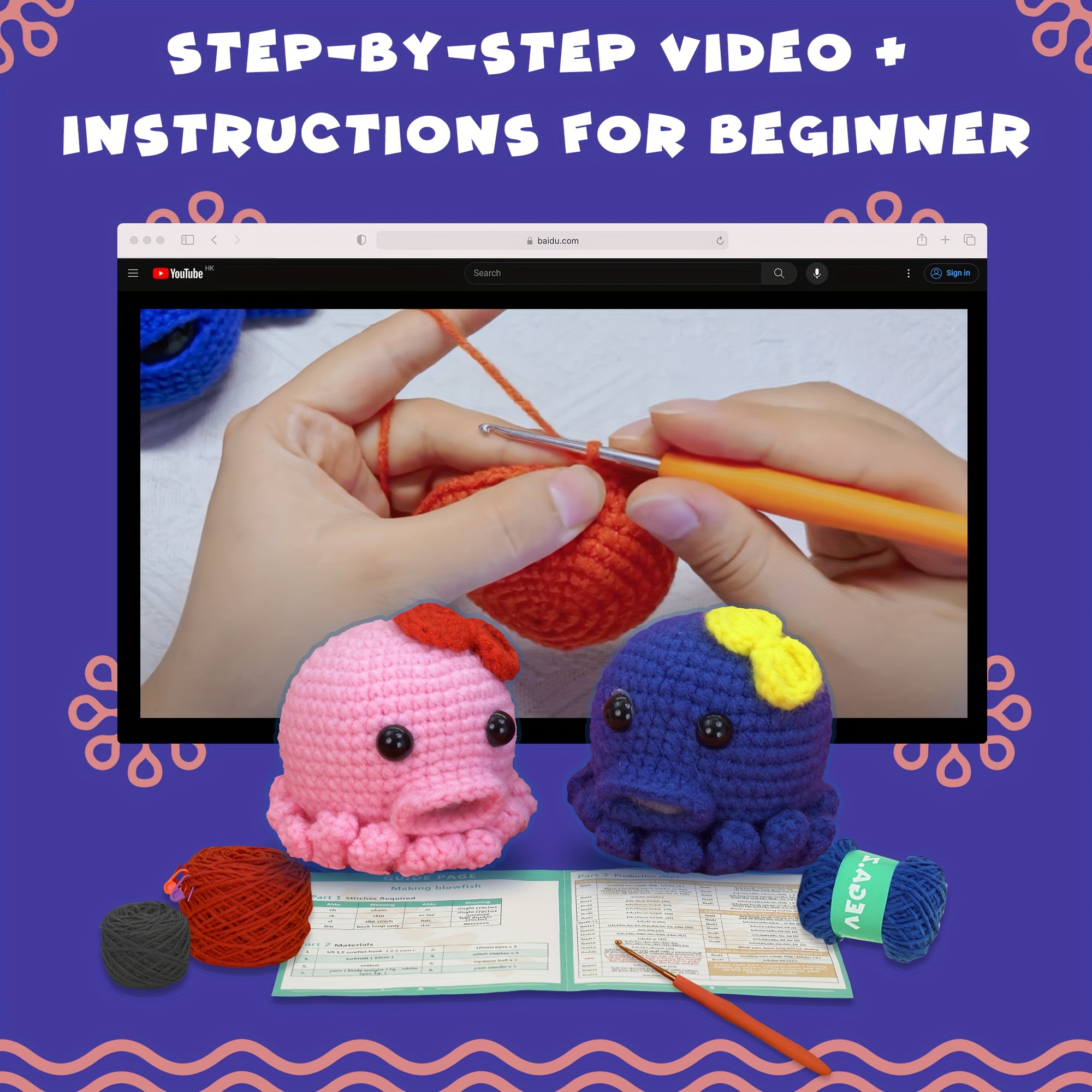 Complete Crochet Kits for Beginners,DIY Animal Rainbow Octopus Kit with  Knitting Markers Easy Yarn Ball,Instructions 