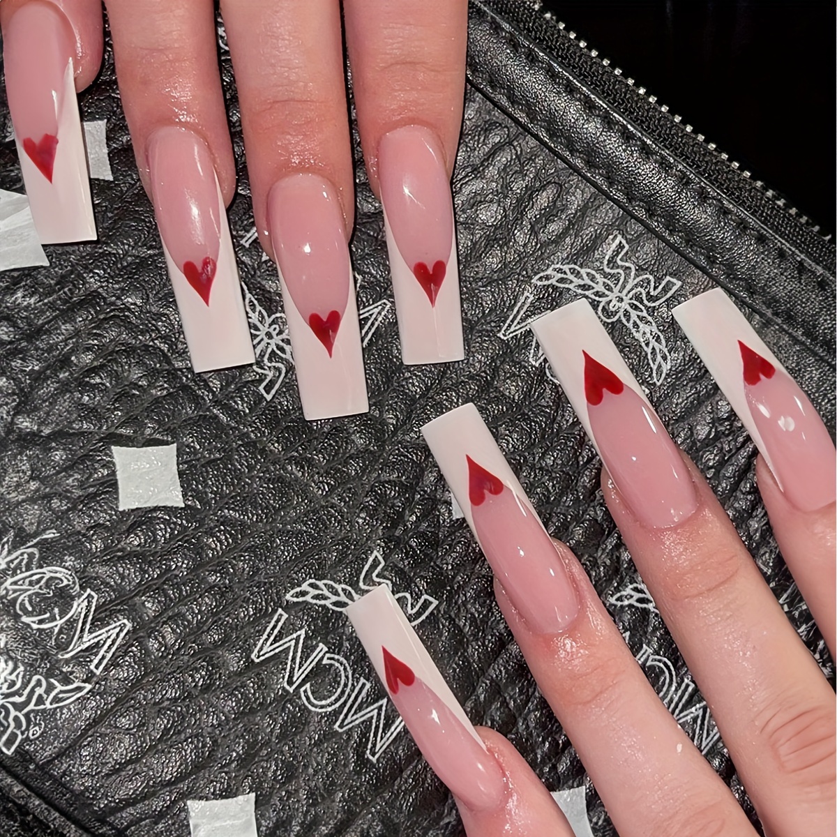  Square Press on Nails Long French Tip Fake Nails Pink Acrylic  Nails with Love Pearl Ring and Bow Designs Glue on Nails Strawberry False  Nails Valentine's Day Stick on Nails for