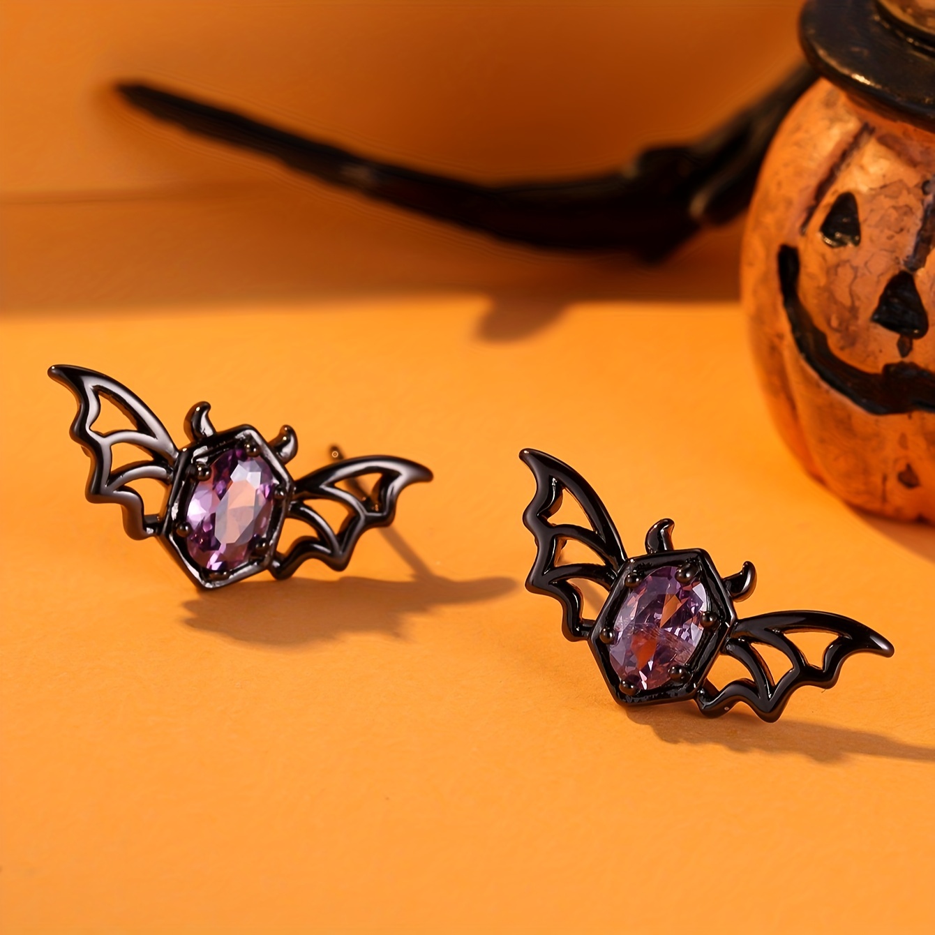 

Gothic-inspired Black & Purple Bat Earrings For Women - Vintage Punk Style With Synthetic Gemstones, Nickel-free Copper, Halloween & Casual Attire, Halloween Earrings