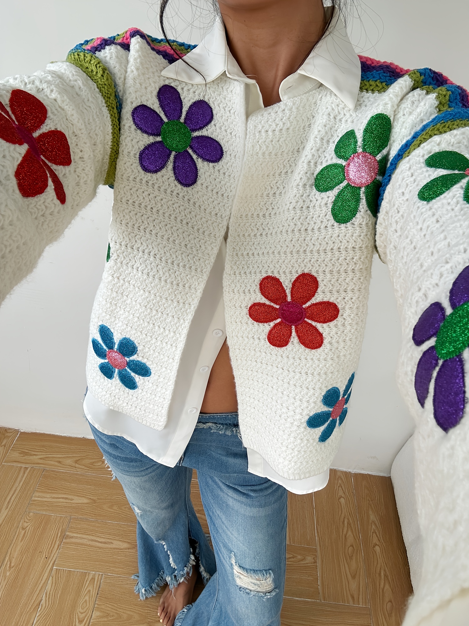 Padrão Floral Cardigan De Malha De Frente Aberta Camisola - Temu