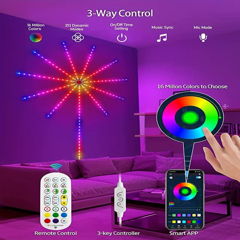 RGBIC LED Fireworks Lights Strip - USB Bluetooth, Music Sync, Dream Color, IP65
