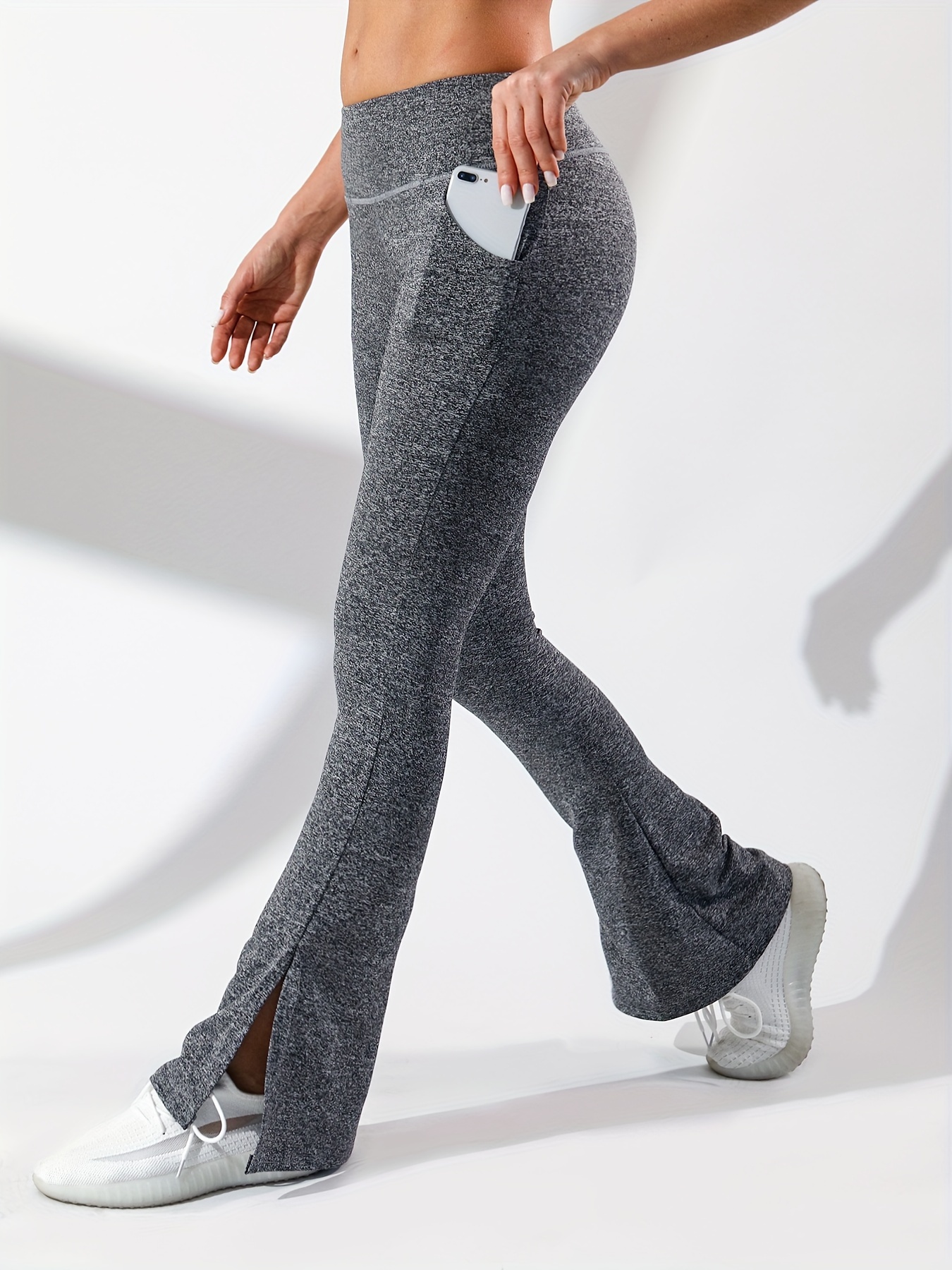 Solid Color Pocket Flare Leg Pants Pocket High Stretch Yoga - Temu