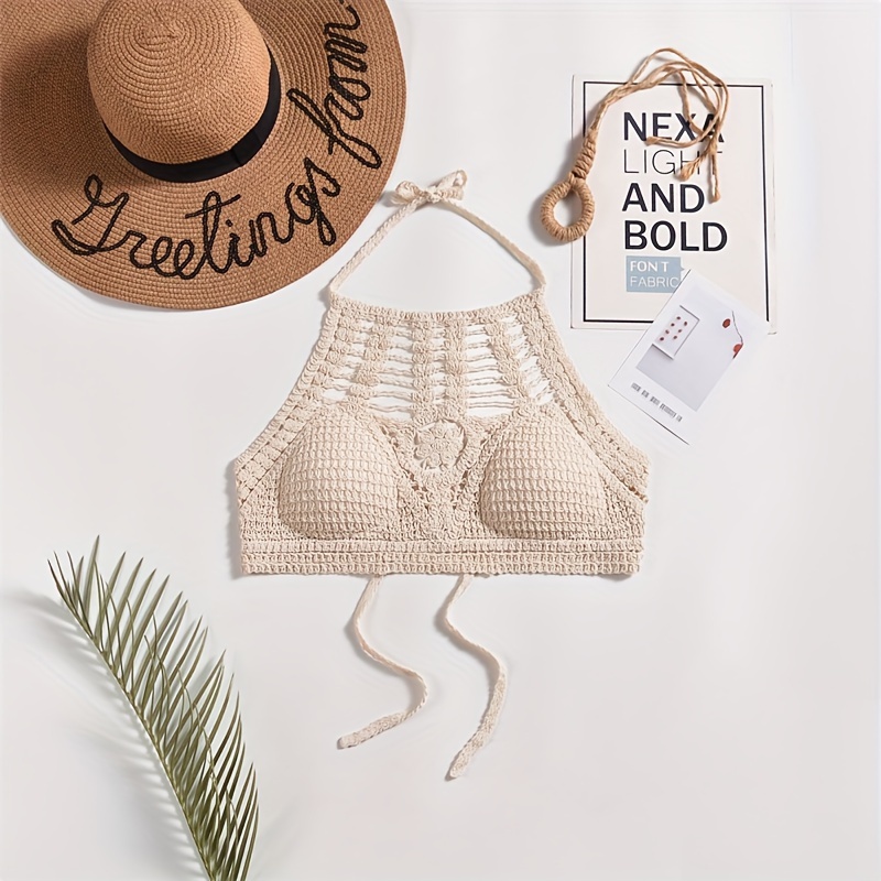 Bohemian Ethnic Women's Swimsuit Top - Lace-Up Halterneck with Chest Cut-Outs, Geometric Embroidery & Adjustable Suspender Straps, Non-Removable Padded Cups, Hand Wash Only, Beachwear Fashion, Laceup Detailing, Intricate Embroidery, Stylish Swimwear, Summer Travelers