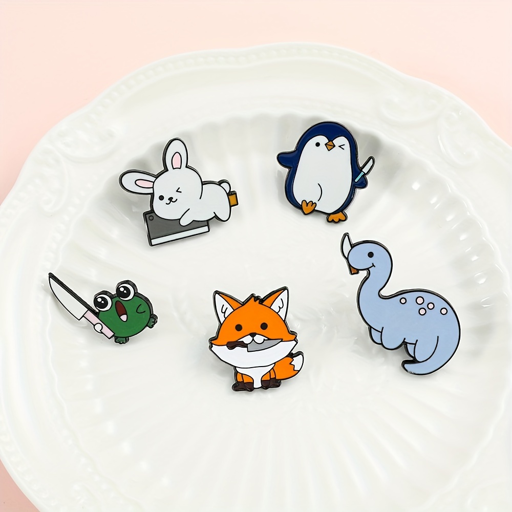 Cartoon Animal Brooch Cute Holding Knife Fox Rabbit Enamel - Temu