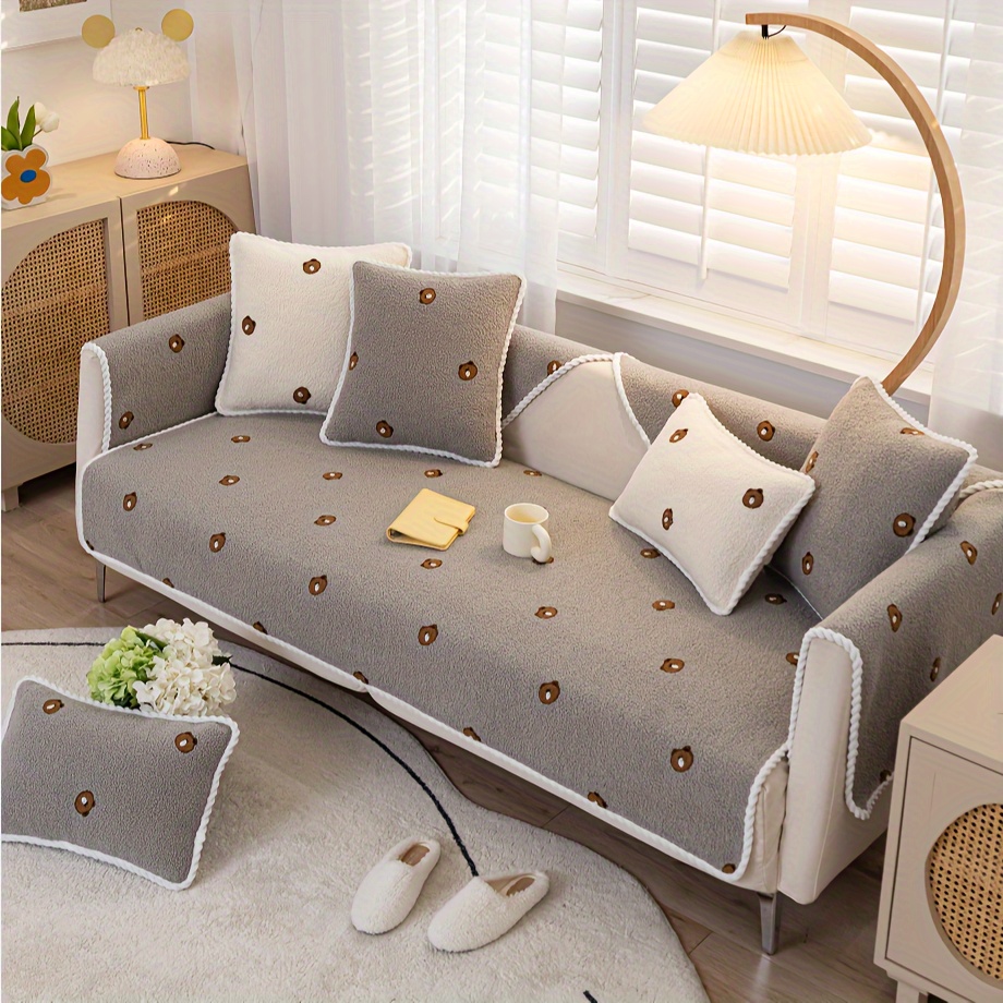 1pc Solid Color Embroidery Plush Thickened Sofa Seat Cushion Cover For  Autumn And Winter, Simple Modern High-end, Warm And Comfortable Sofa Cover,  Living Room Decoration