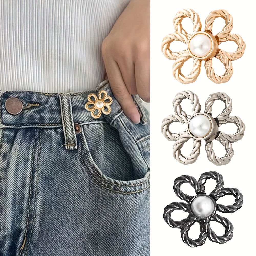 Detachable Pant Waist Tightener Pearl Flower No Sew Waist Buckles for Loose  Jeans Dress Fit Instant Pants Button Pins Tightener - AliExpress