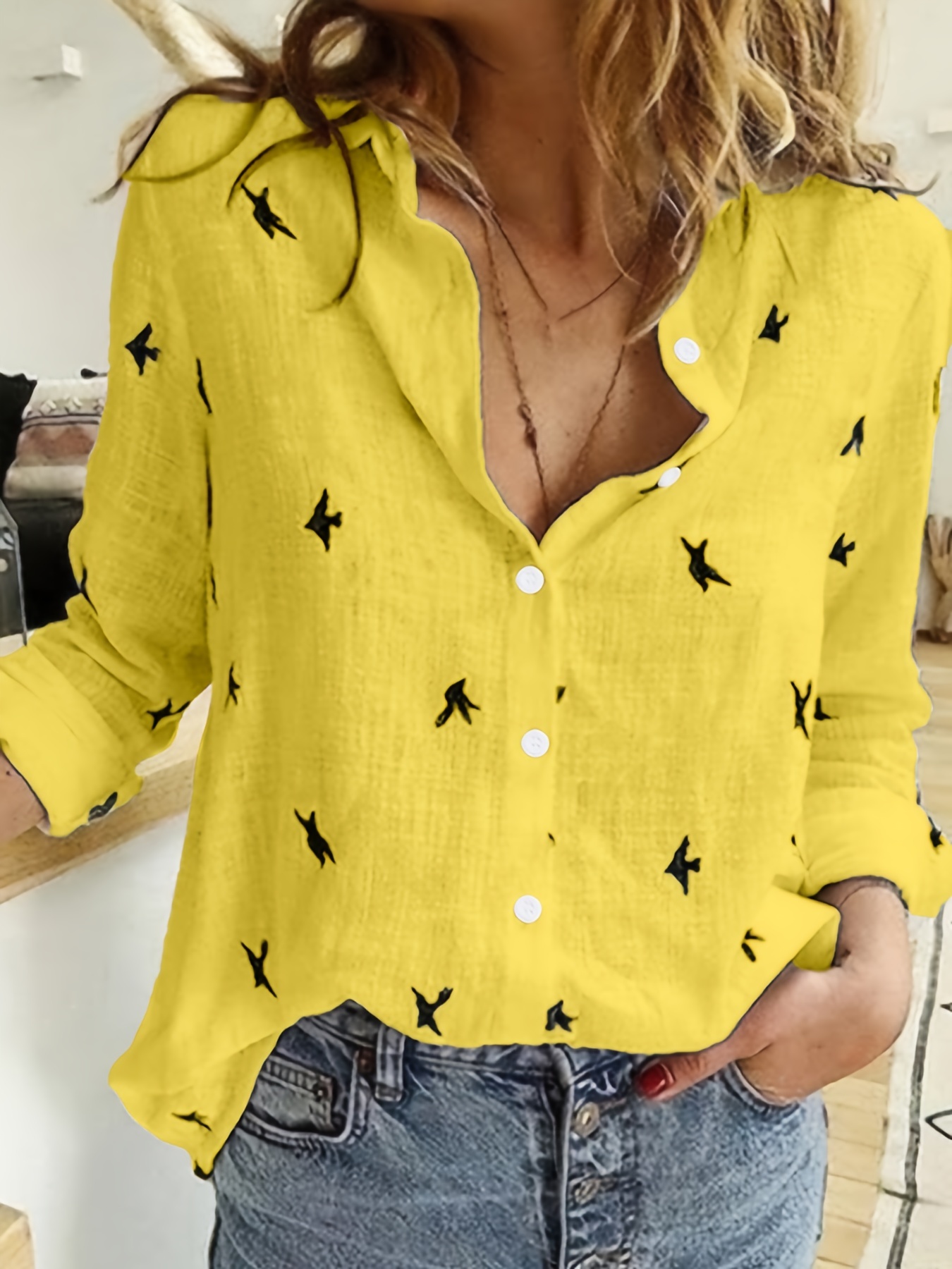 Bird Print Button Front Shirt, Casual Long Sleeve Shirt For Spring Fall,  Women's Clothing