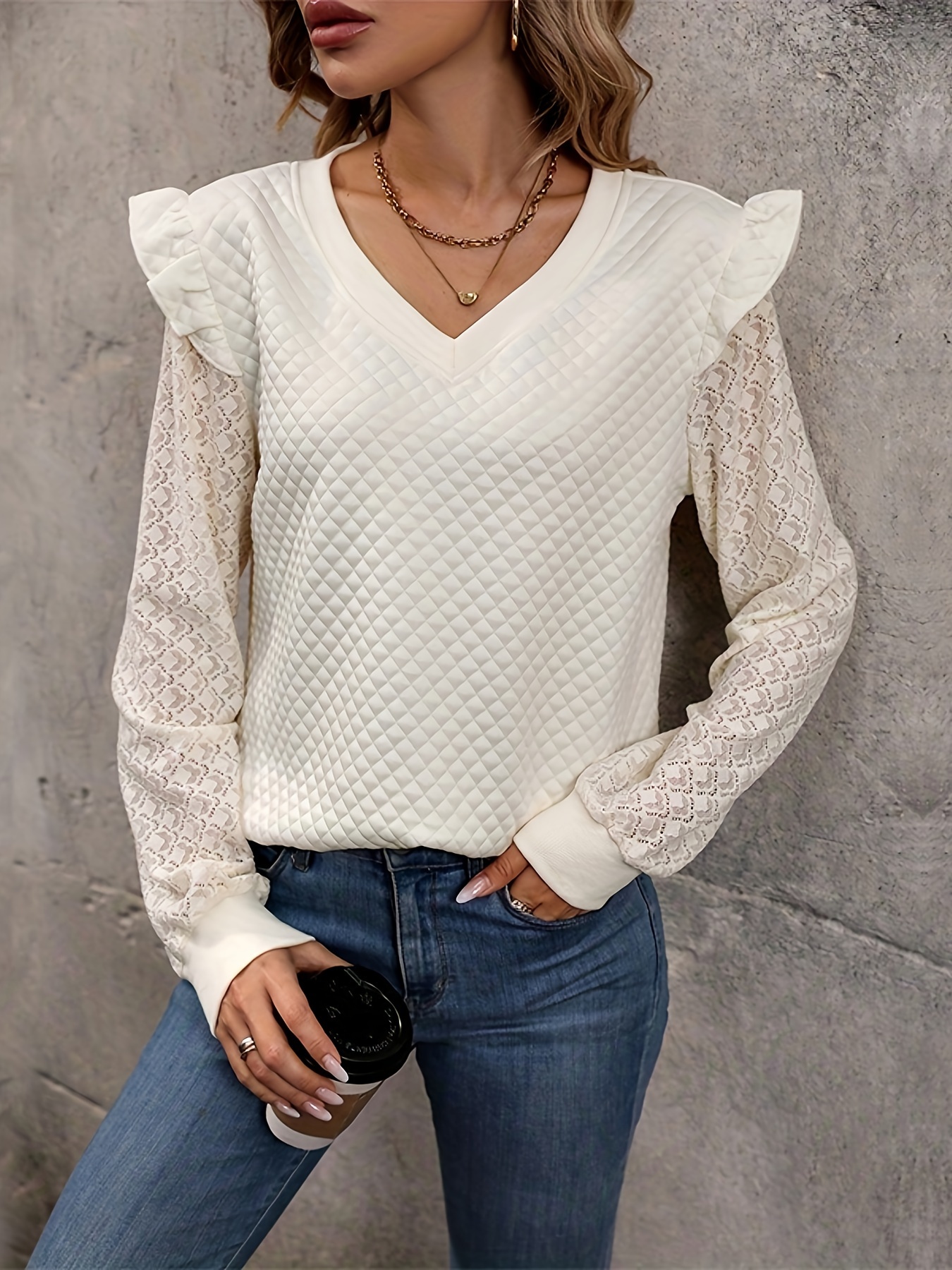  Crewneck Sweatshirts Long Sleeve Casual Tops with Ruffle Sleeve  Fall Winter Clothes Soft Fashion A0169 Beige#Small : Clothing, Shoes &  Jewelry