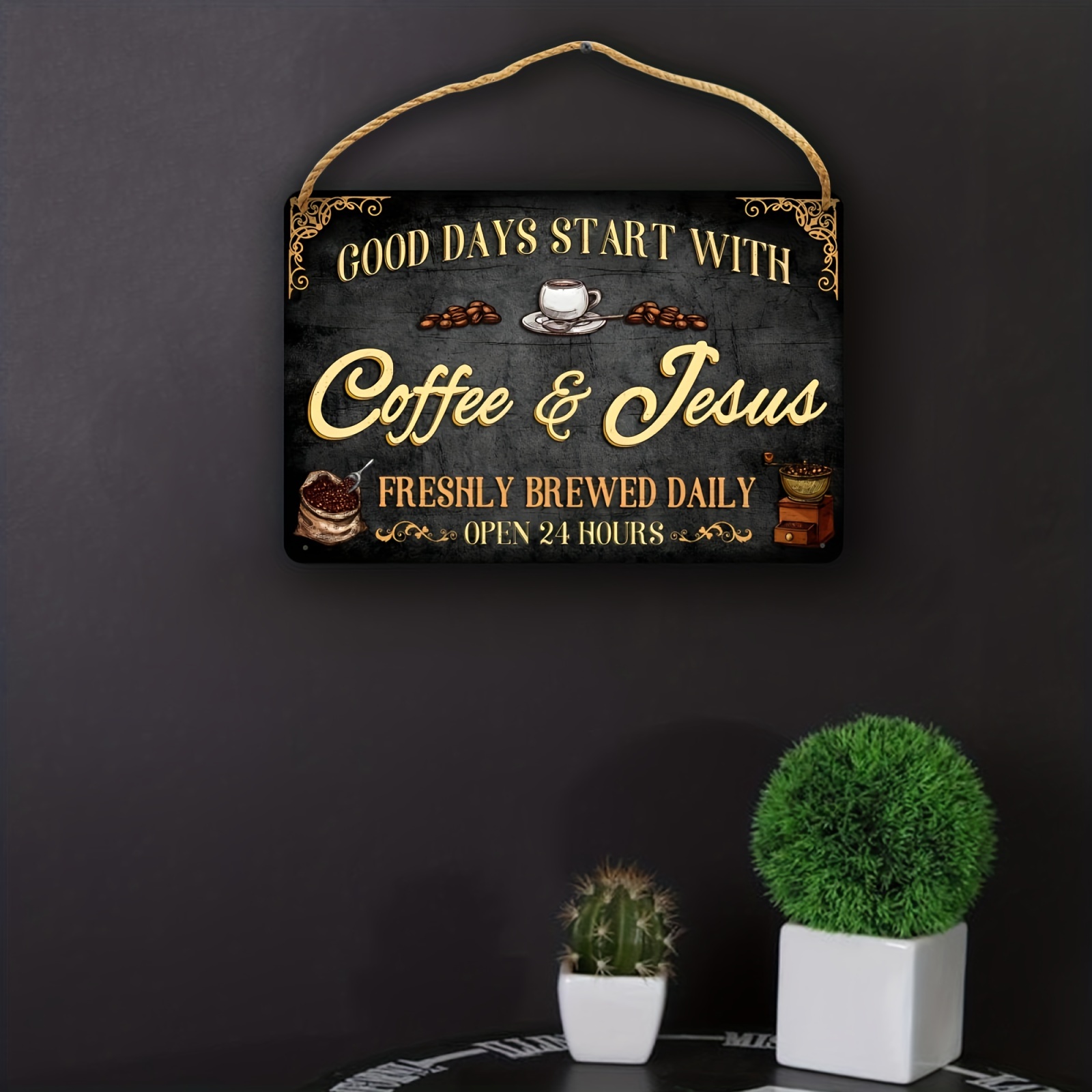 Coffee Bar Open Daily Cafe Decor Wood Hanging Plaque 5x10 Inch