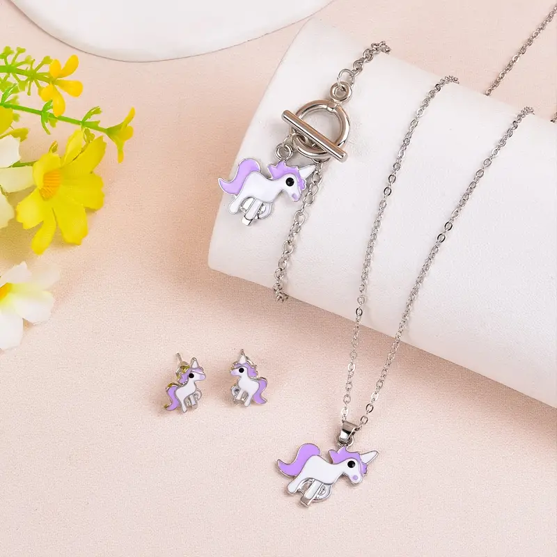 Girls Unicorn Pendant Necklace Earrings Bracelet Jewelry For - Temu
