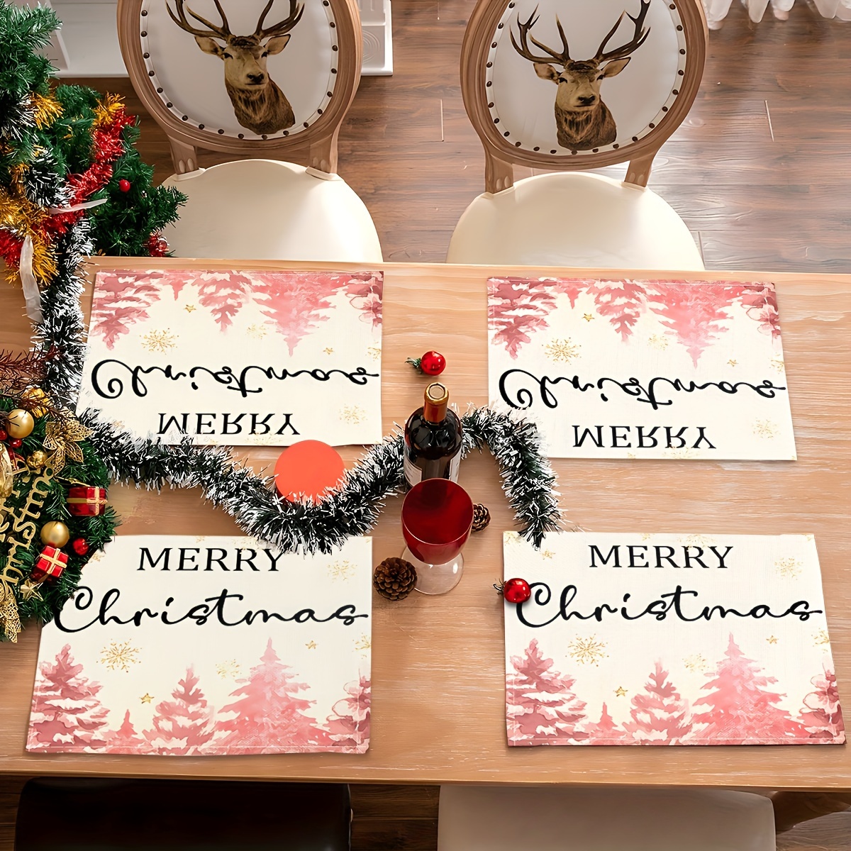 4pcs, mantel individual navideño de lino, tapete de mesa temático de feliz  navidad, almohadilla de aislamiento térmico con patrón de copo de nieve a  cuadros de búfalo, tapete de mesa decorativo de