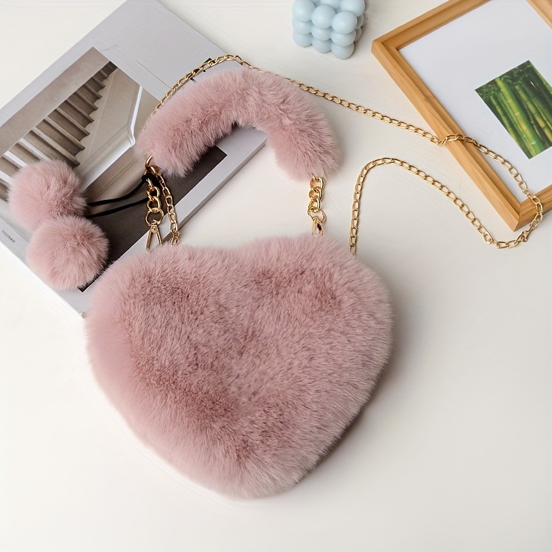 Pink Faux Fur Heart Crossbody Bag