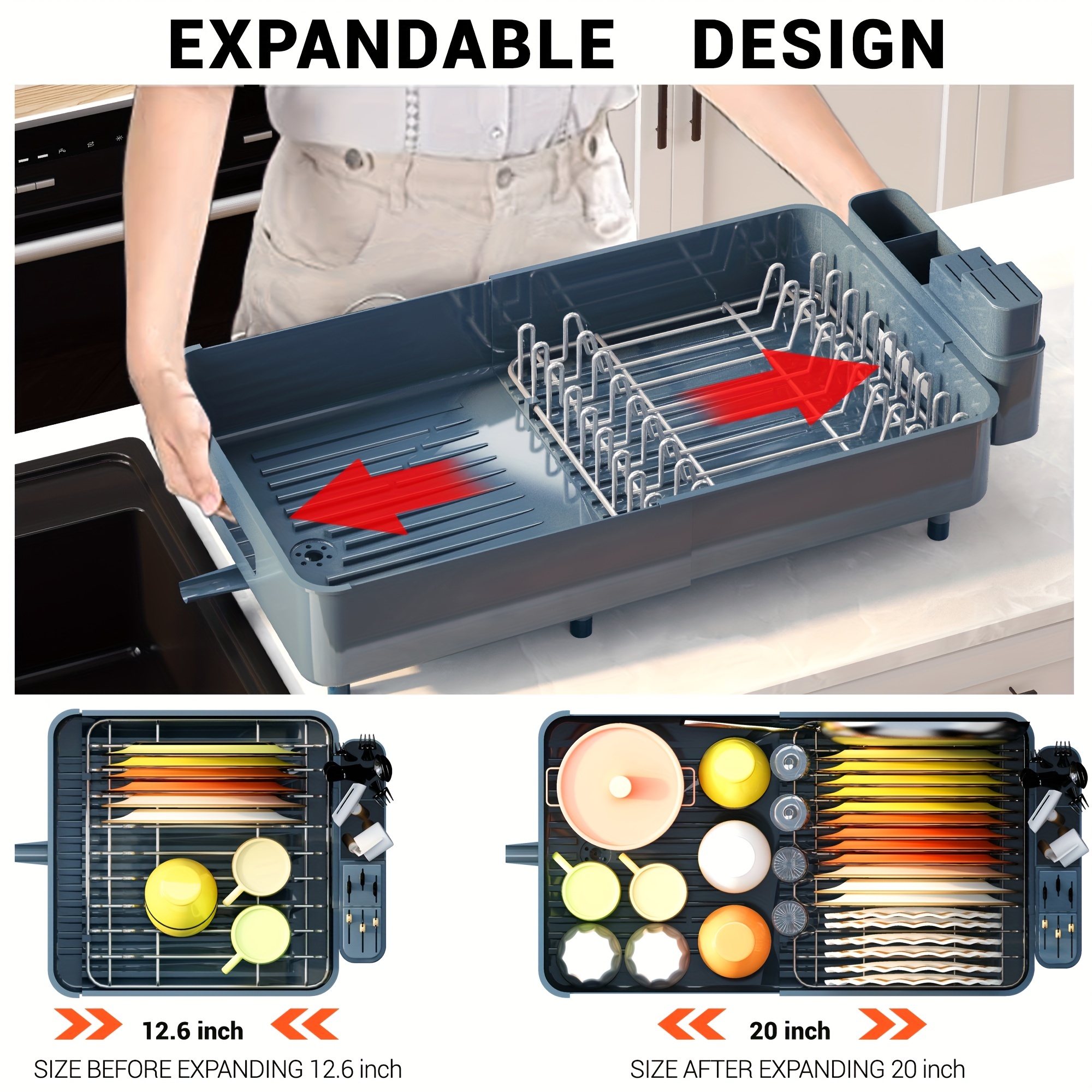 Gray Telescopic Dish Rack, Stainless Steel Dishes Storage Drain Rack,  Retractable Chopsticks Tube, Knife Storage Rack, Kitchen Accessories - Temu