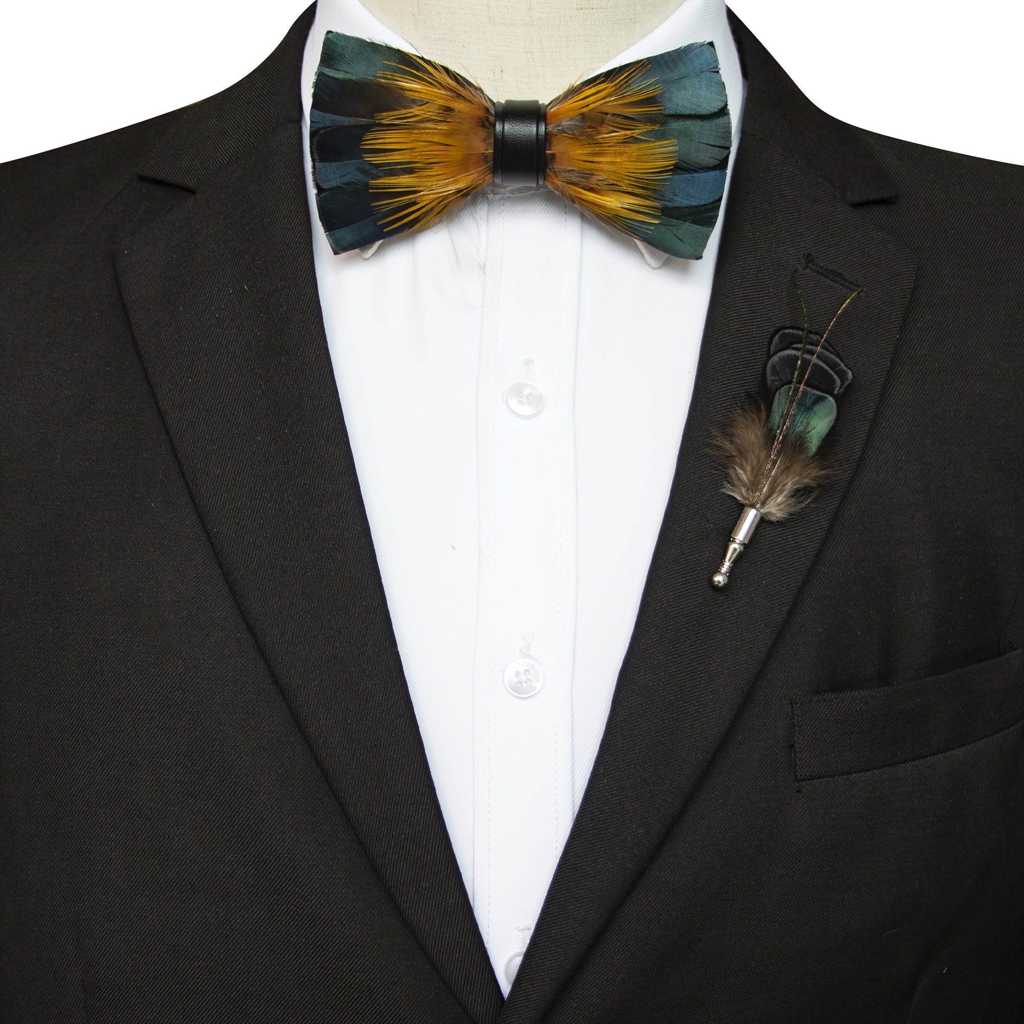 Philadelphia Feather Bow Tie with Feather Lapel Pin Set - Mandujour  Handmade  Free Feather Lapel Pin Gift Set for Prom and Formal Occasions -  Classic and Timeless - Mandujour
