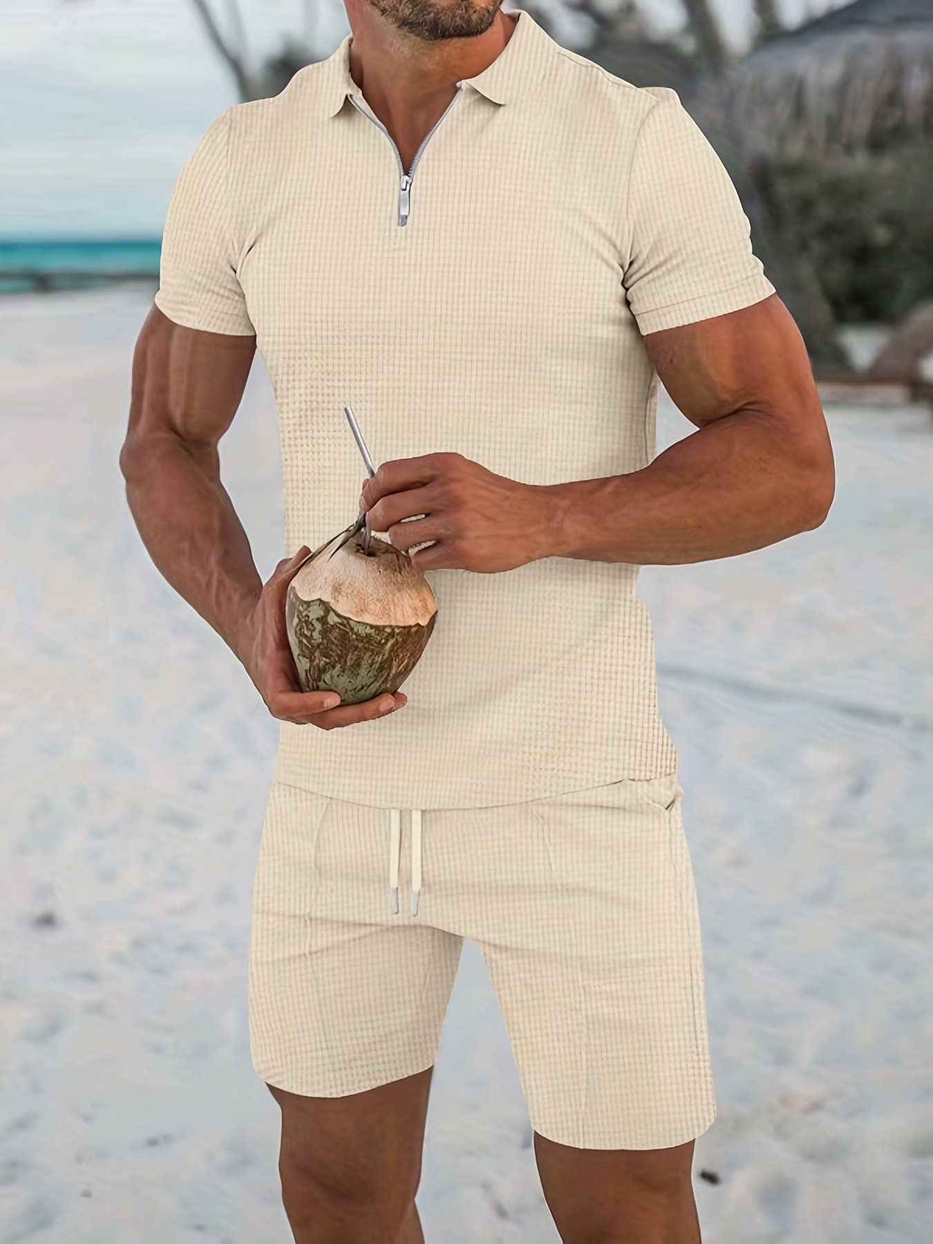 Mens Summer Outfit 2-Piece Set Waffle V-neck Polo T Shirt Shorts Sweatsuit  Set