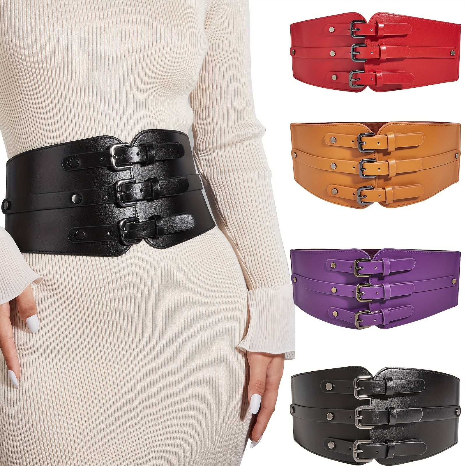Women Vintage Pu Leather Belt Elastic Stretchy Corset Cinch - Temu