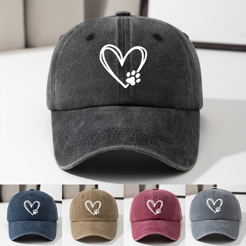 

Heart Paw Printed Baseball Cap Solid Color Washed Distressed Hats Lightweight Adjustable Dad Hat For Women Men