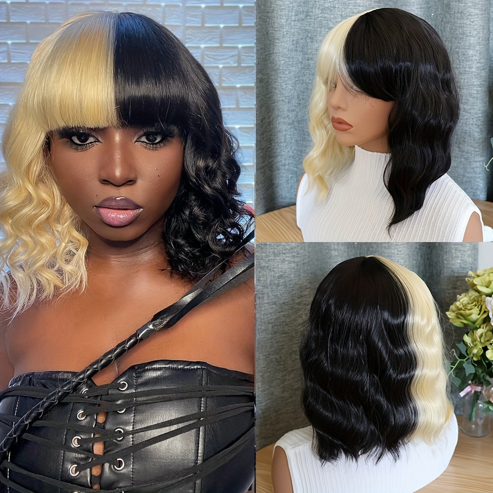 Half Black Half Blonde Color Short Wavy Wig With Bangs Synthetic Wigs For Daily Cosplay Holiday Travel