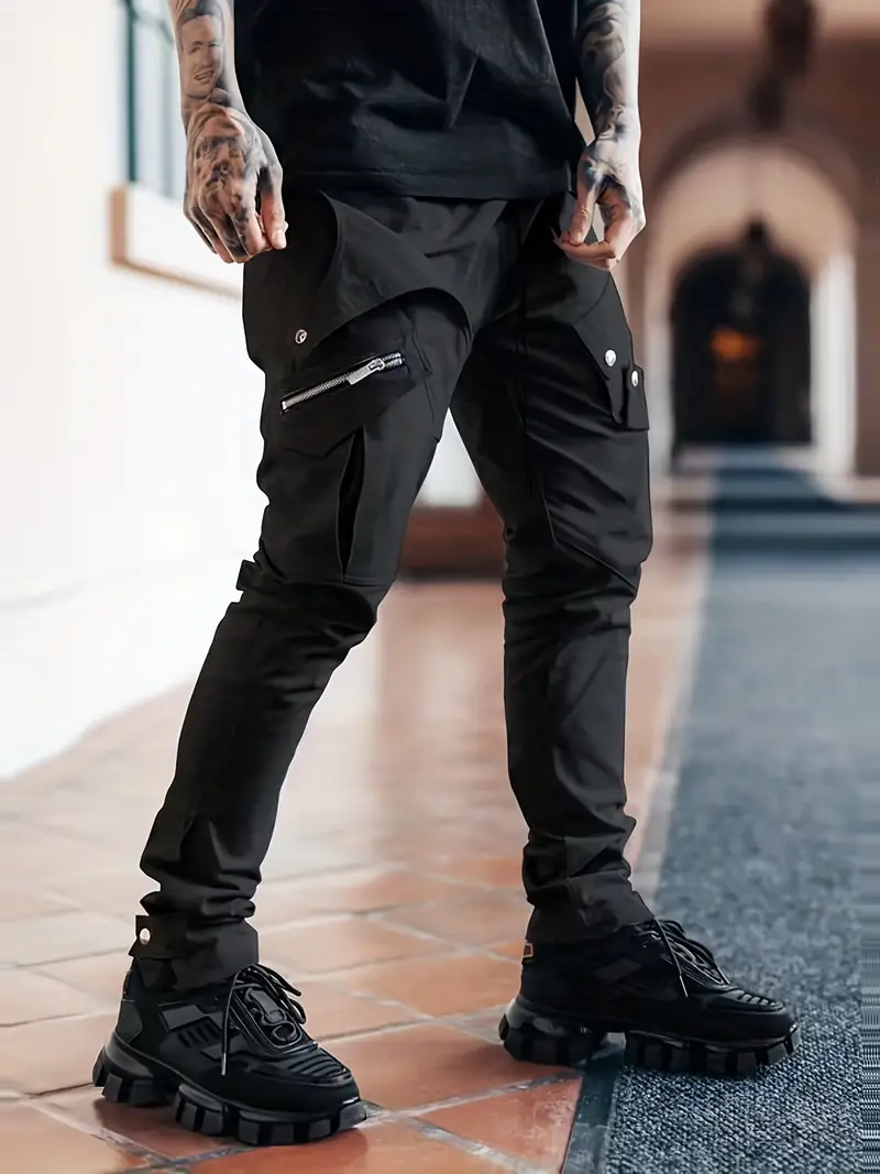 Men's Drawstring Cargo Pants Zip Pocket Slim Fit Trendy - Temu Canada