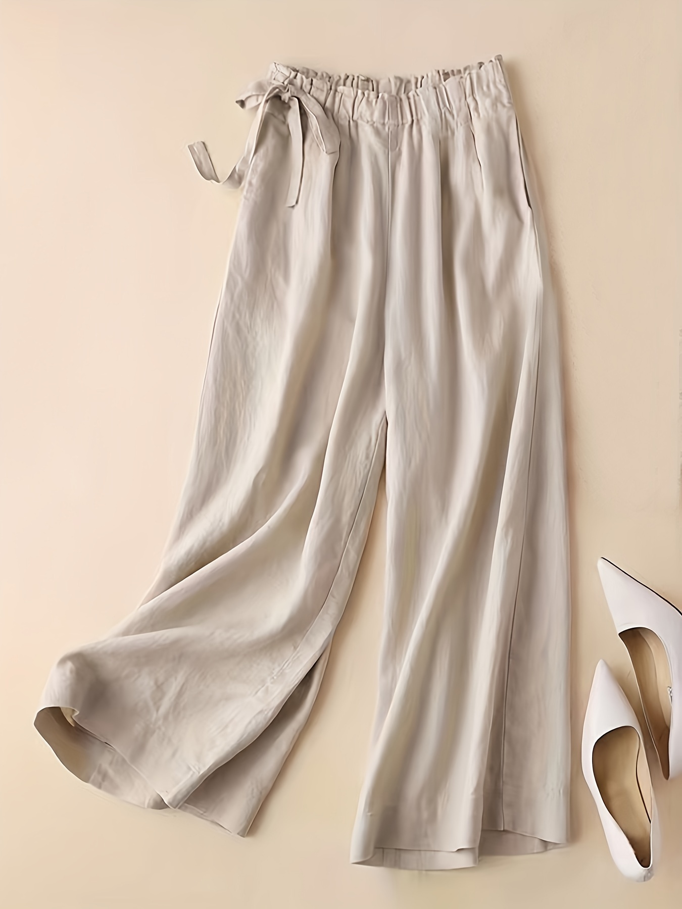 Solid Elastic Waist Pants, Casual Wide Leg Summer Pants