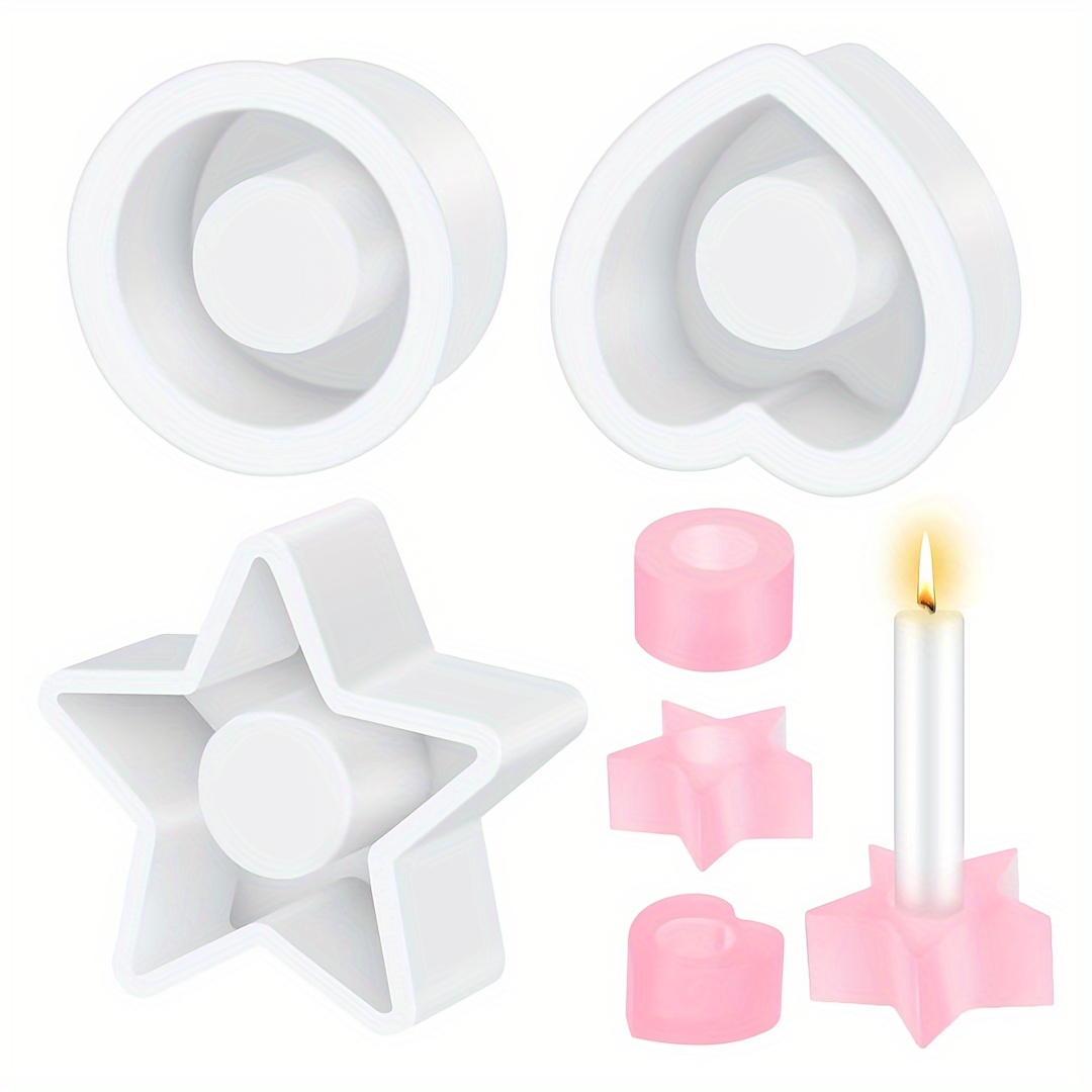 

3pcs Candle Holder Silicone Mold, Candle Holder Casting 3d Resin Silicone Casting Mold, Star, Heart Shape Candlestick Holder Diy Home Decoration For Eid, Ramadan