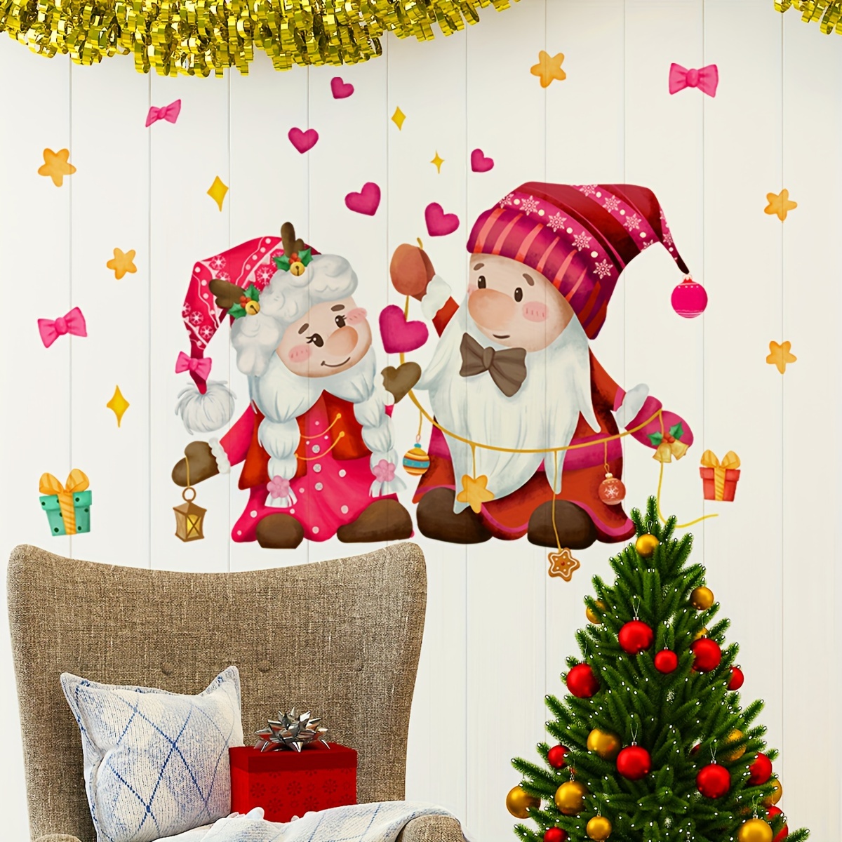 3D Christmas Wall Decals Santa Claus Wall Stickers Christmas DIY Break  Through The Wall Vinyl Stickers Santa Claus Carrying Present Wall Mural  Decals