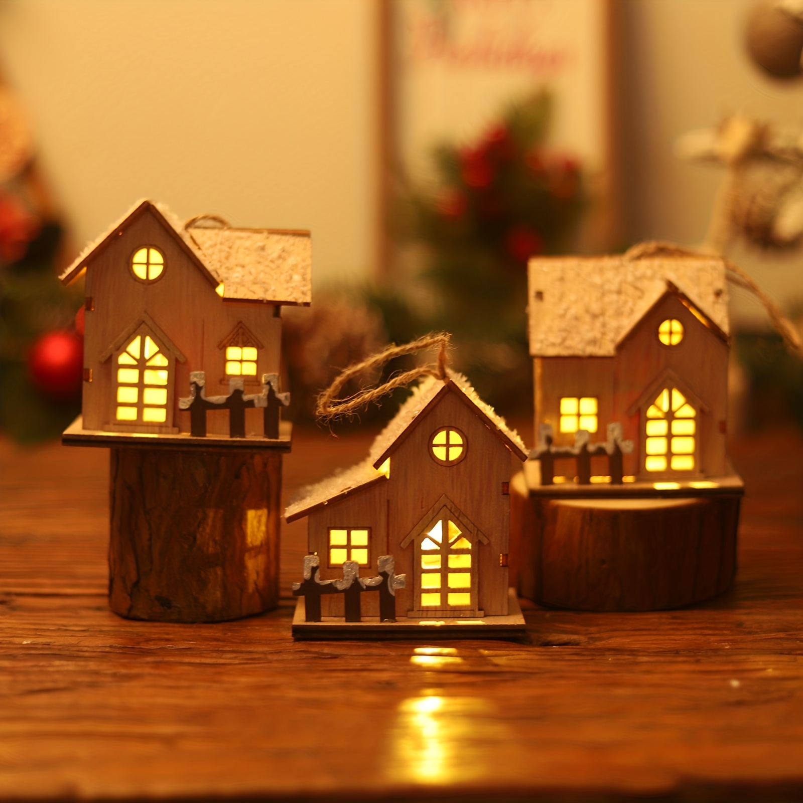 Christmas Wooden Light emitting Huts Decor Small House Home - Temu