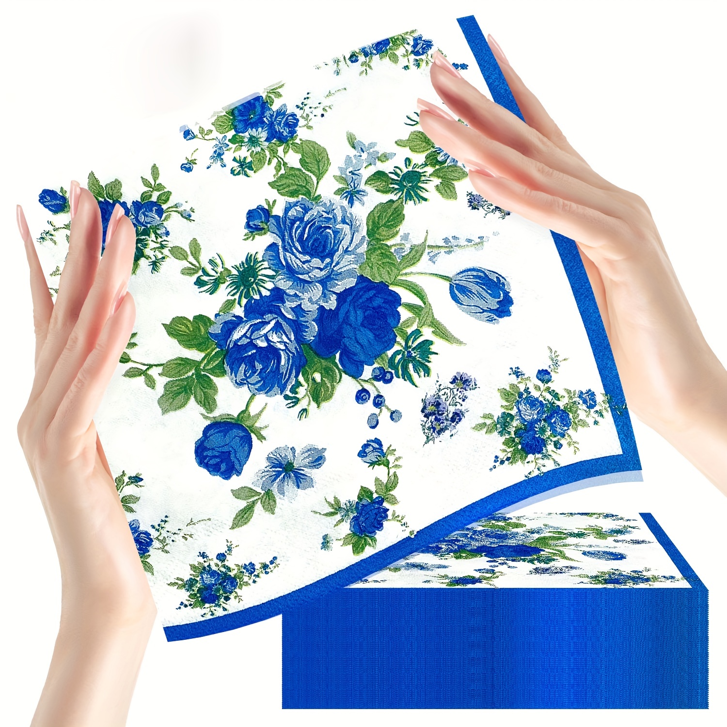 20pcs Disposable Blue And White Floral Paper Napkins, Western Food Party  Printing Napkins, 13''*13
