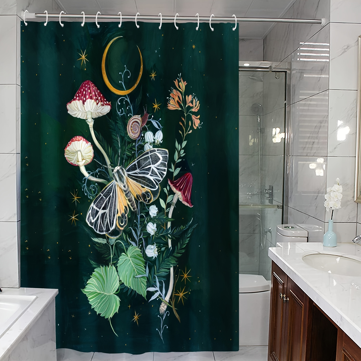 Waterproof Shower Curtain Mushroom Butterfly Print 72x72