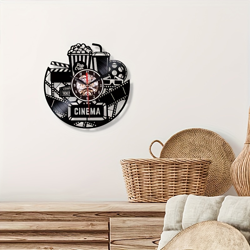 1pc Cinema Vinyl Wall Clock Unique Home Theater Movie Night Film Reels  Popcorn Wall Decor Home