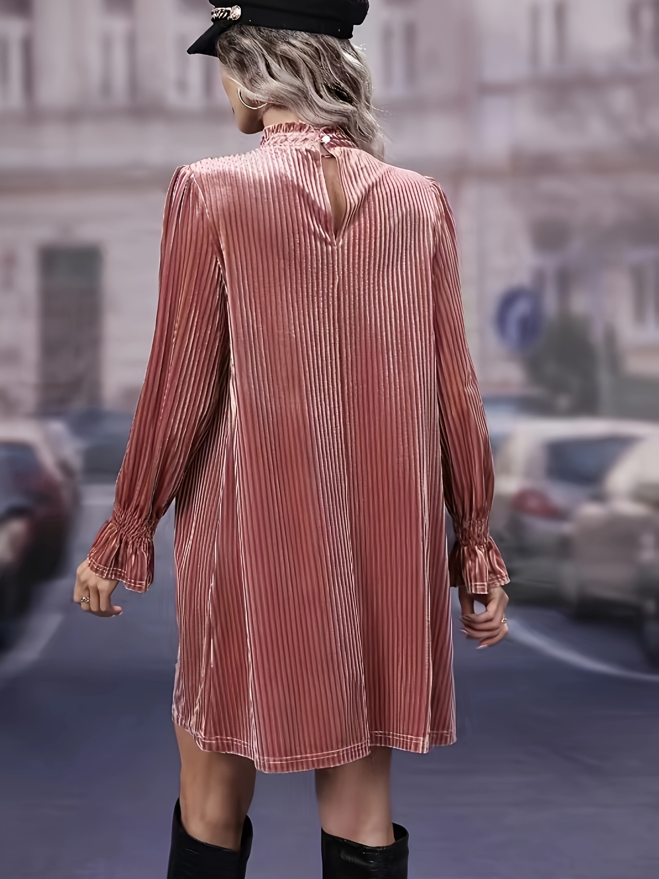 solid mock neck smocked dress elegant long sleeve dress fall