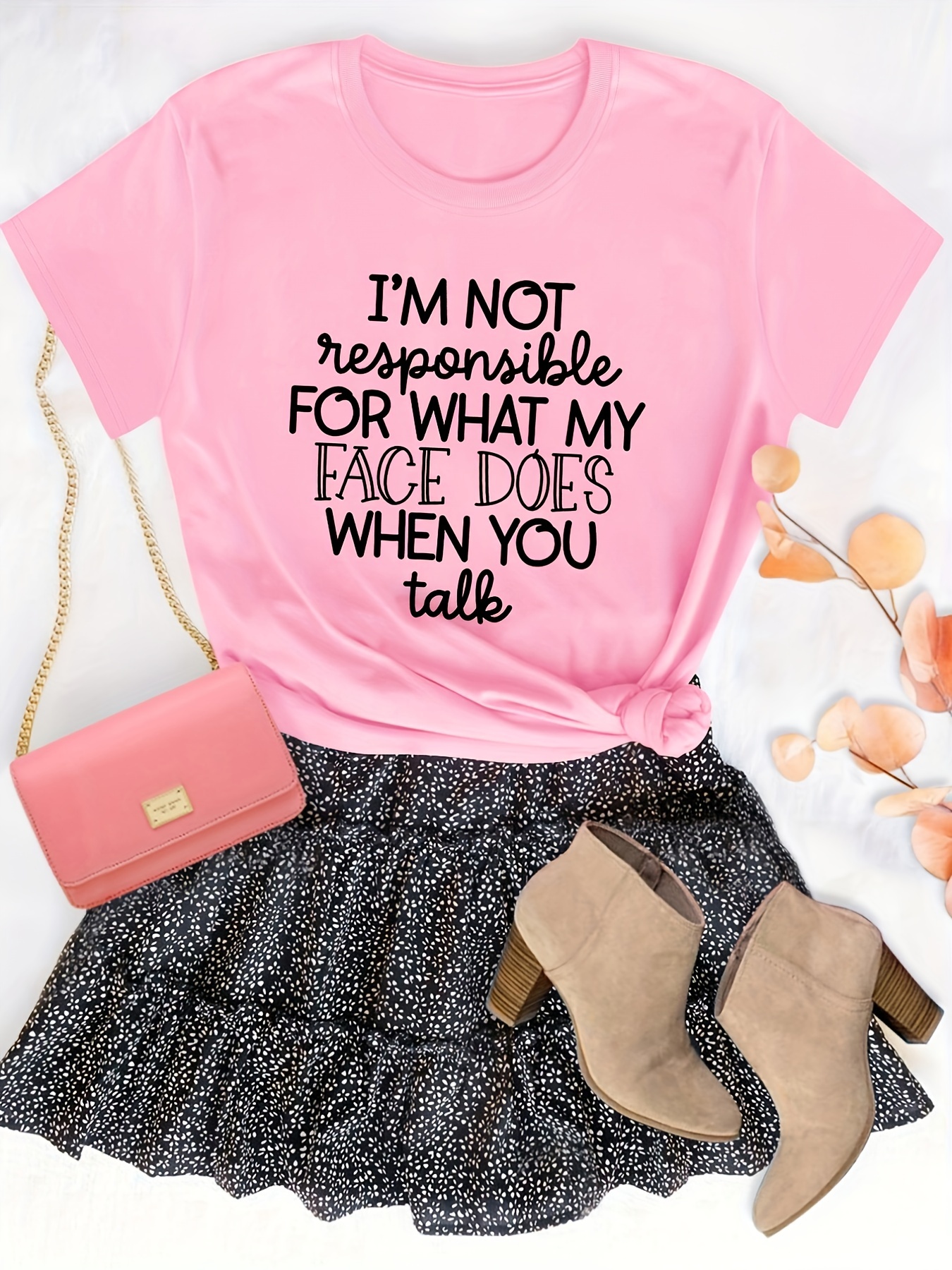 Plus Size Casual Tee, Women's Plus Letter Print Short Sleeve Round Neck Slight Stretch T-Shirt