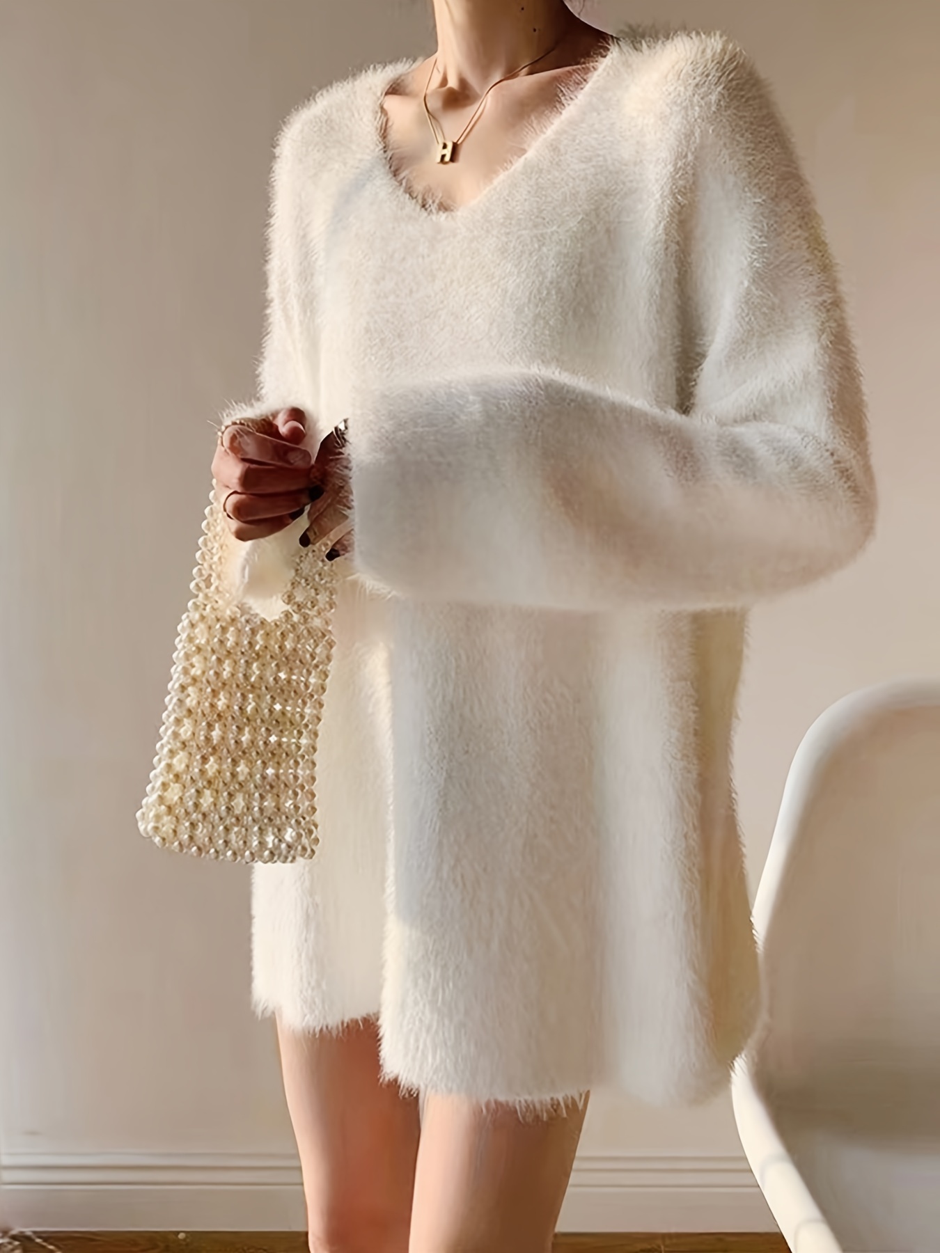 Fuzzy Solid Color Pullover Sweater Loose V Neck Long Sleeve - Temu