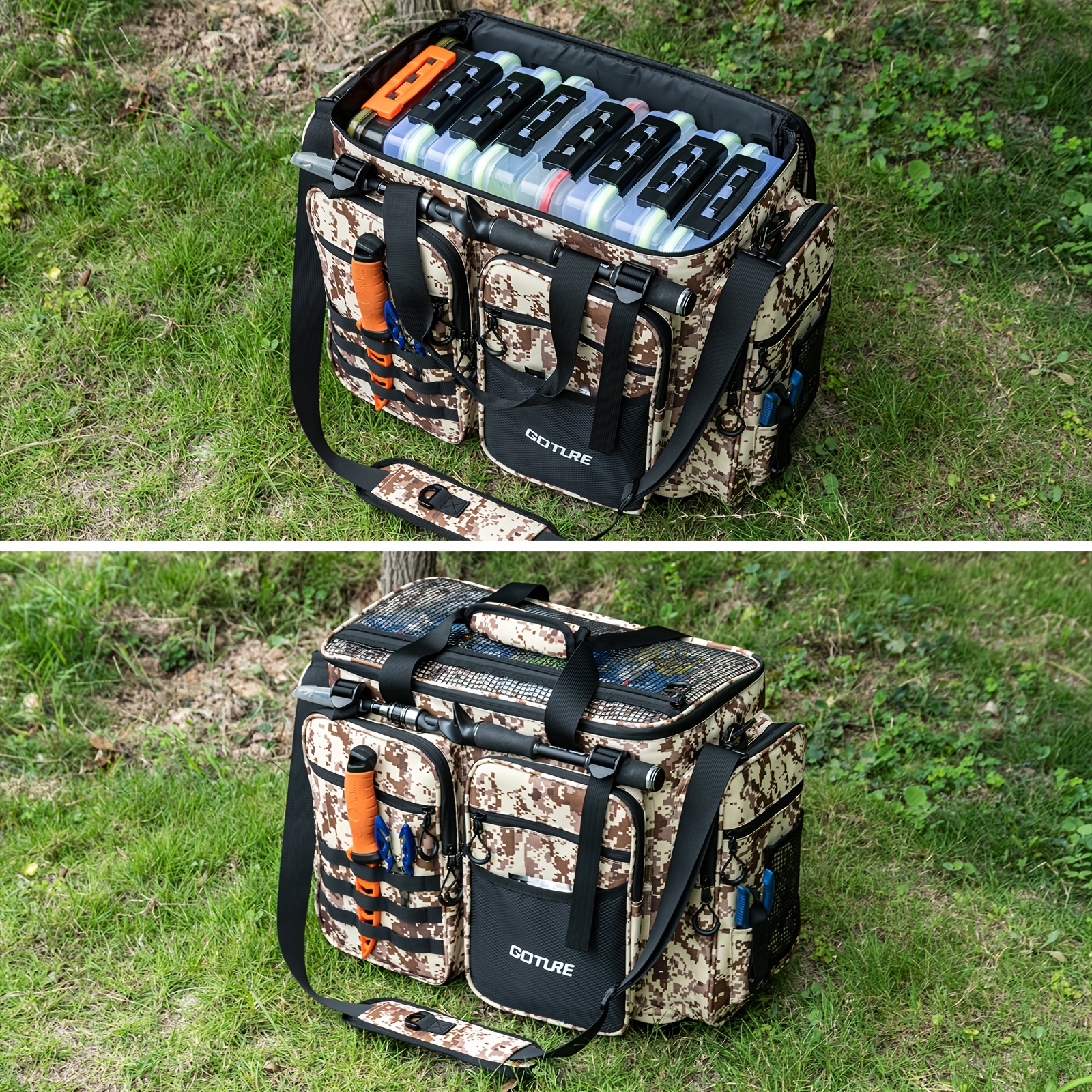  Goture Large Tackle Bag,Store Up to 8PCS 3700 Plus 4PCS 3600  Tackle Trays,Water Resistant Large Tackle Bag,Saltwater Fishing Gear Bag,Big  Fishing Bag,Removable Dividers(20.8x15.2x11.4)-Camo : Sports & Outdoors